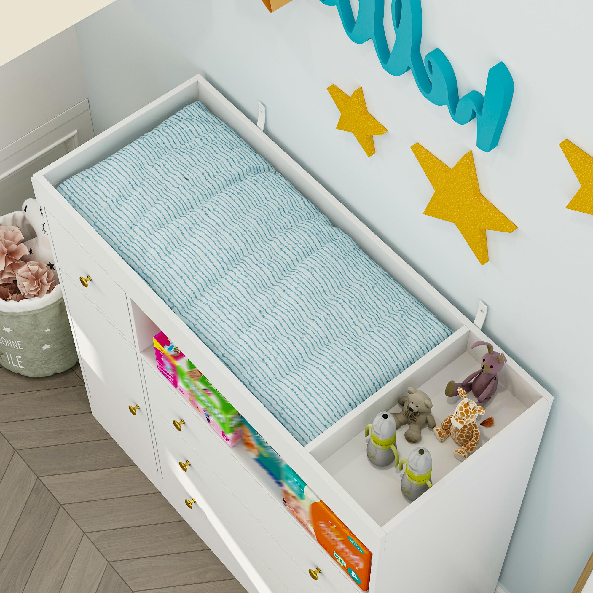 Nursery Dresser with Diaper Changing Tray & Towel Racks