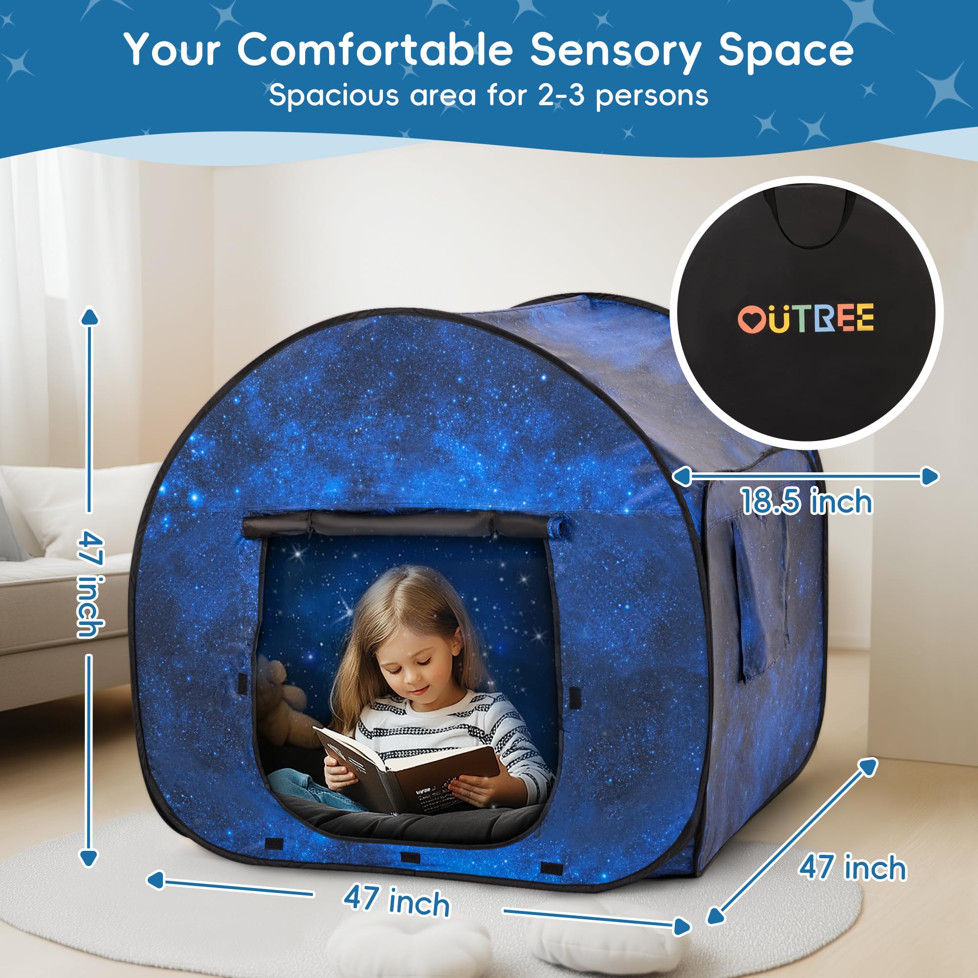 OUTREE Sensory Tent 47 * 47 * 47 in，Starry Night Print,Sensory Tent for Kids with Autism, pop up Play Tent