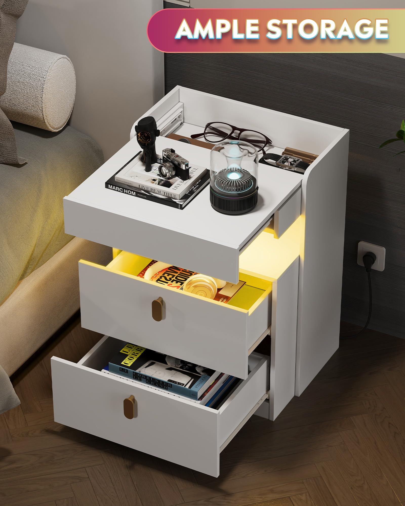 LED Nightstand with Charging Station and Drawers
