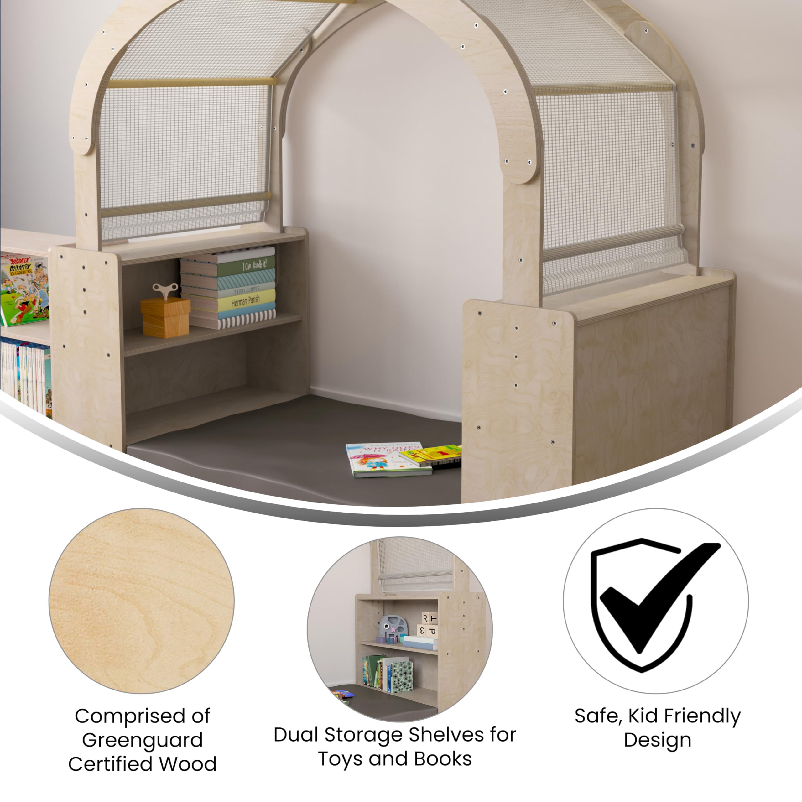 Wooden Reading Nook with Storage Shelves and Canopy