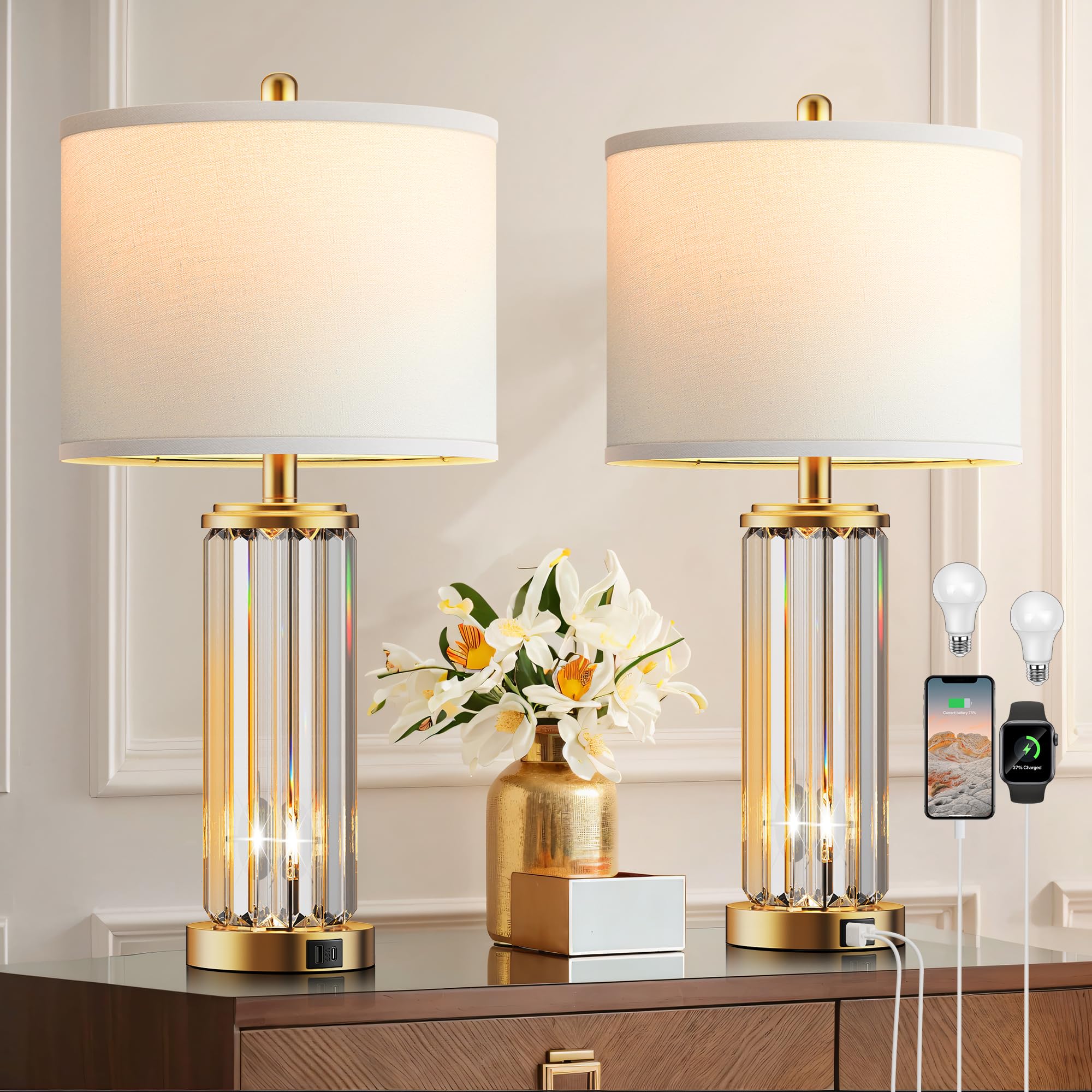 Crystal Table Lamps Set of 2 with USB Charging Ports and Night Light
