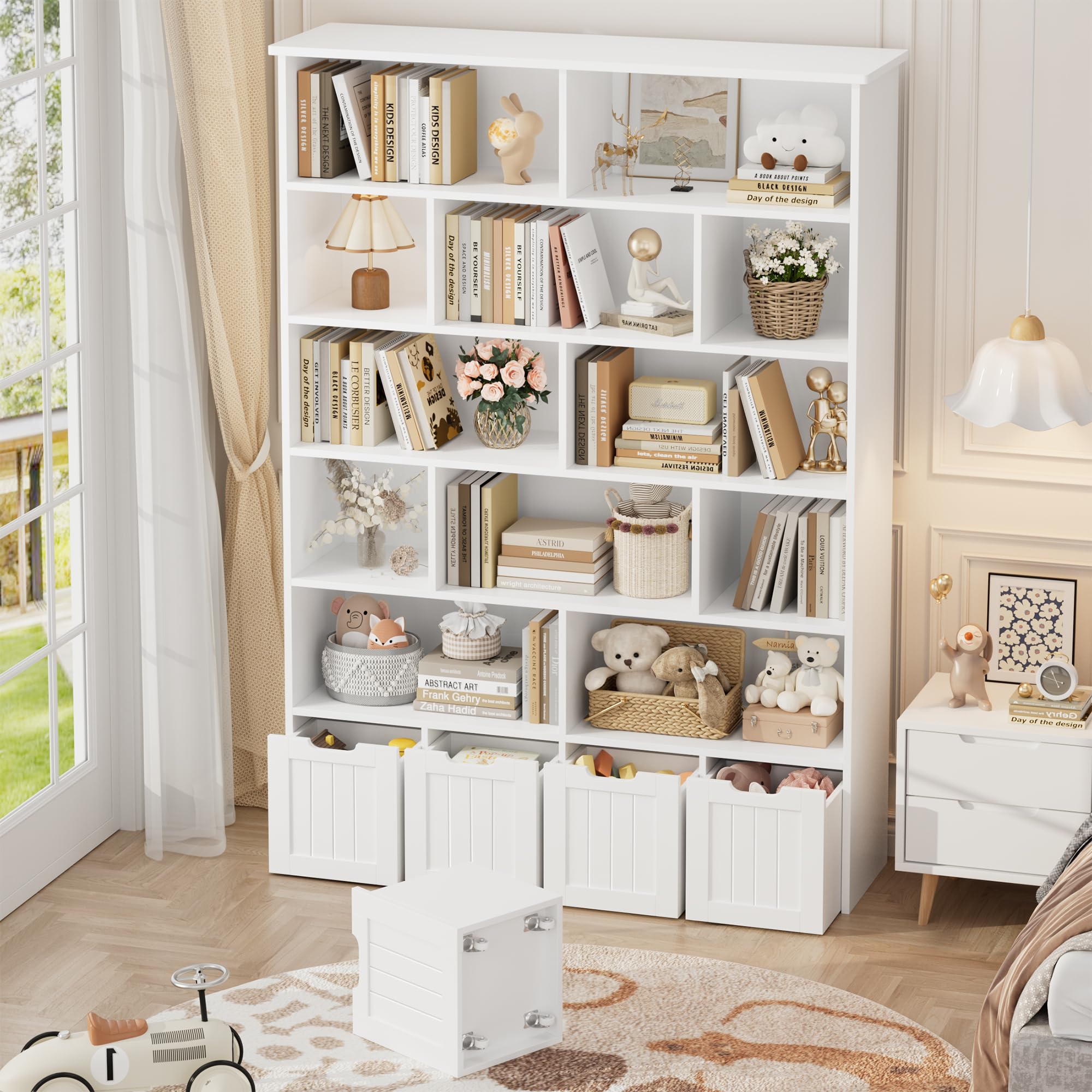 69" H Toy Storage Organizer, 6 Tier Tall Kids Bookshelf with 4 Movable Drawers