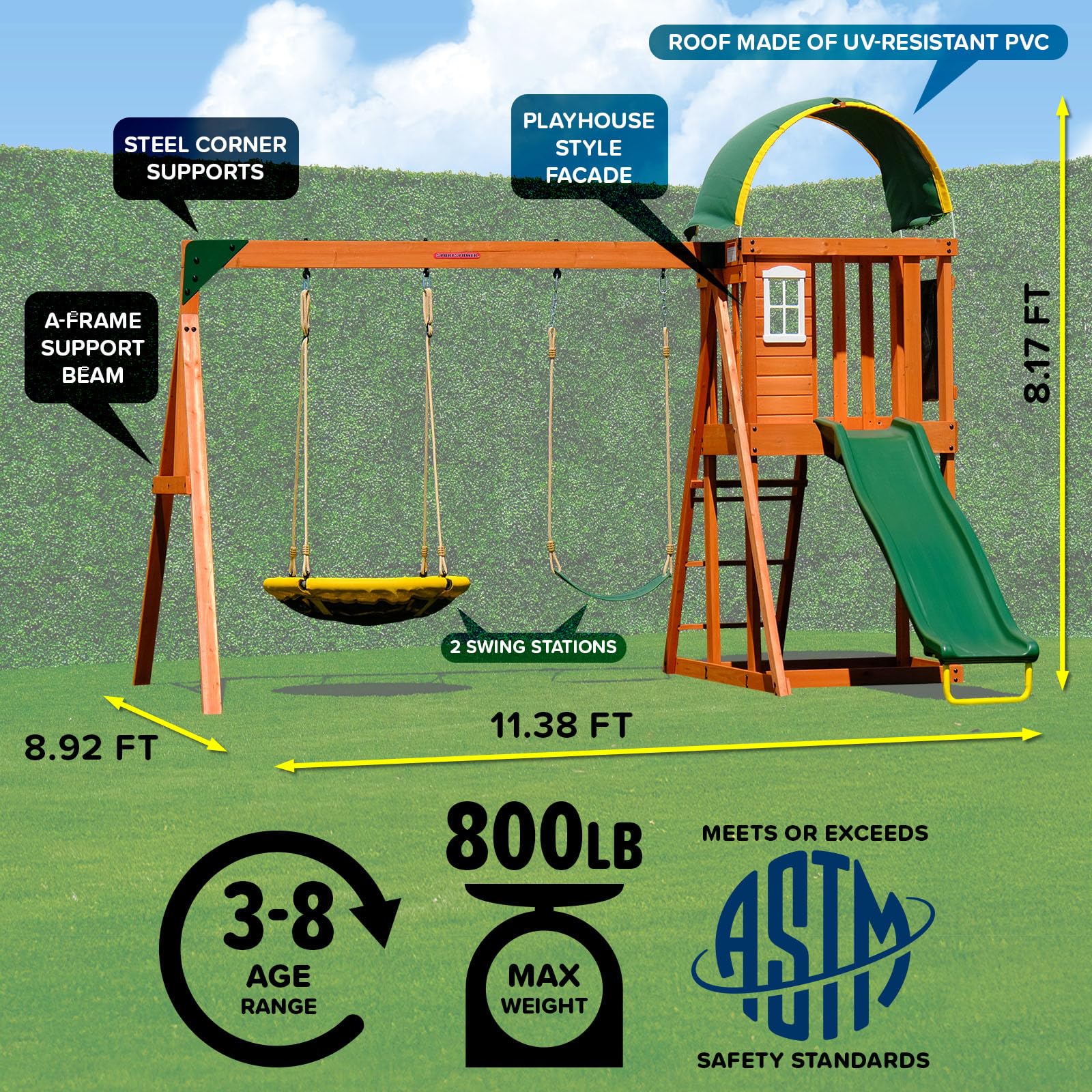 Wooden A-Frame Swing Set with Slide and Sandbox
