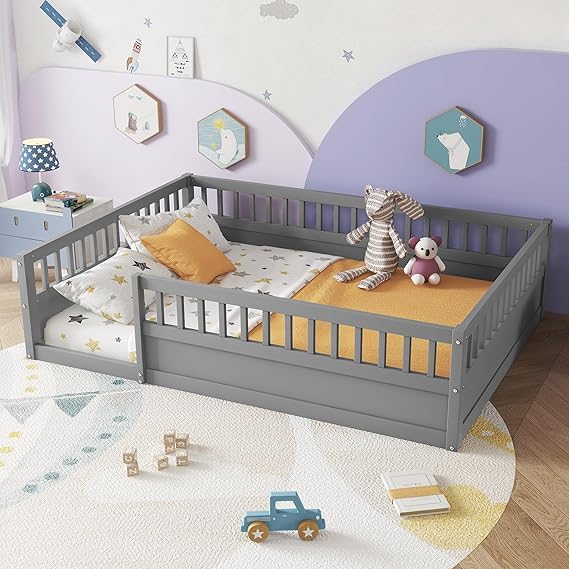 Floor Bed for 2 Kids, Montessori Bed Frame with Fence Railings