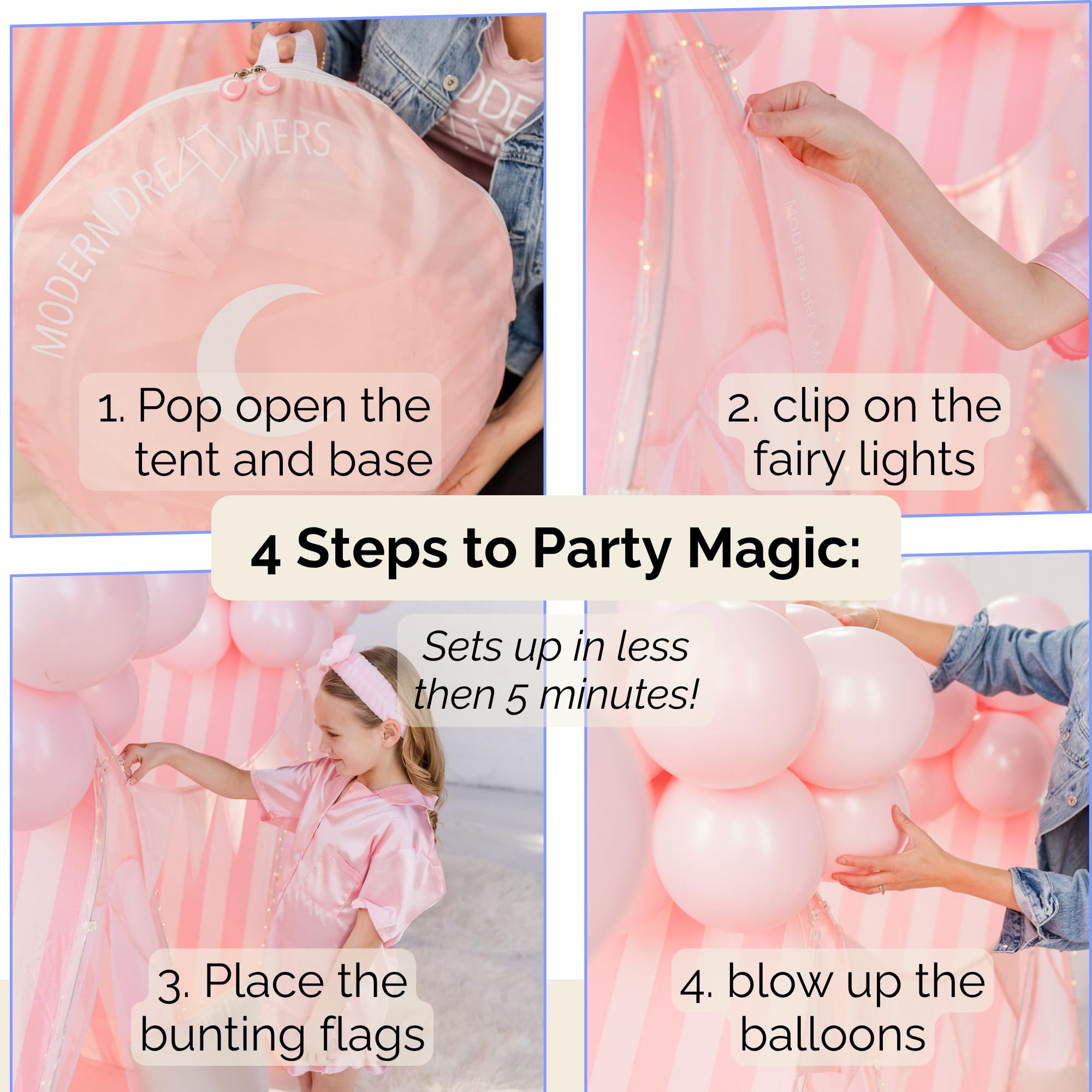 Modern Dreamers Sleepover Teepee Tent Kit for Kids – Indoor & Outdoor Use – Instant Setup, Fairy Lights, and Decorations for Slumber Parties, Backyard Parties, Glamping, and Birthday Events (Pink)