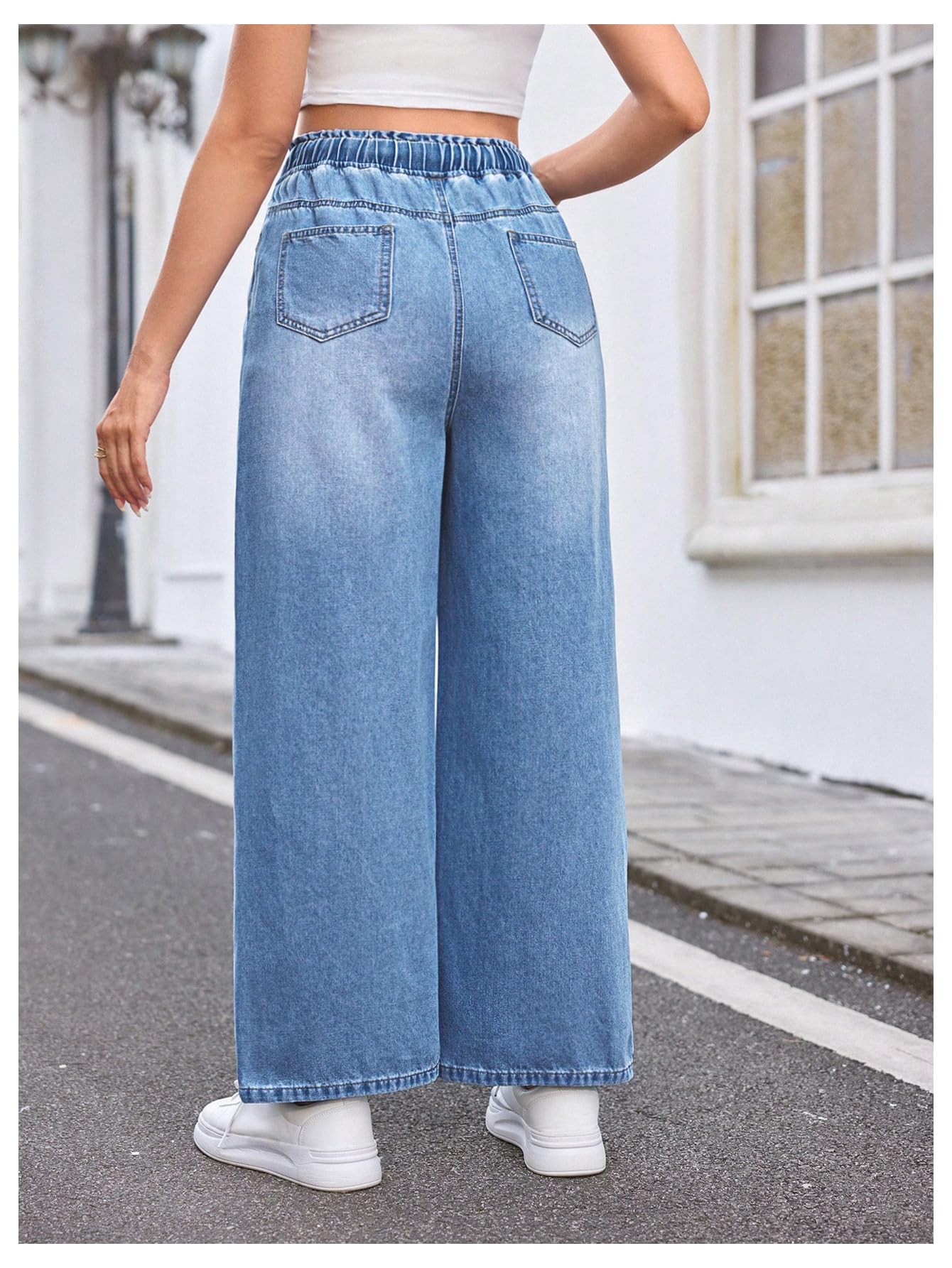 Women's Maternity Denim Pants Elastic Waist Drawstring Wide Leg Baggy