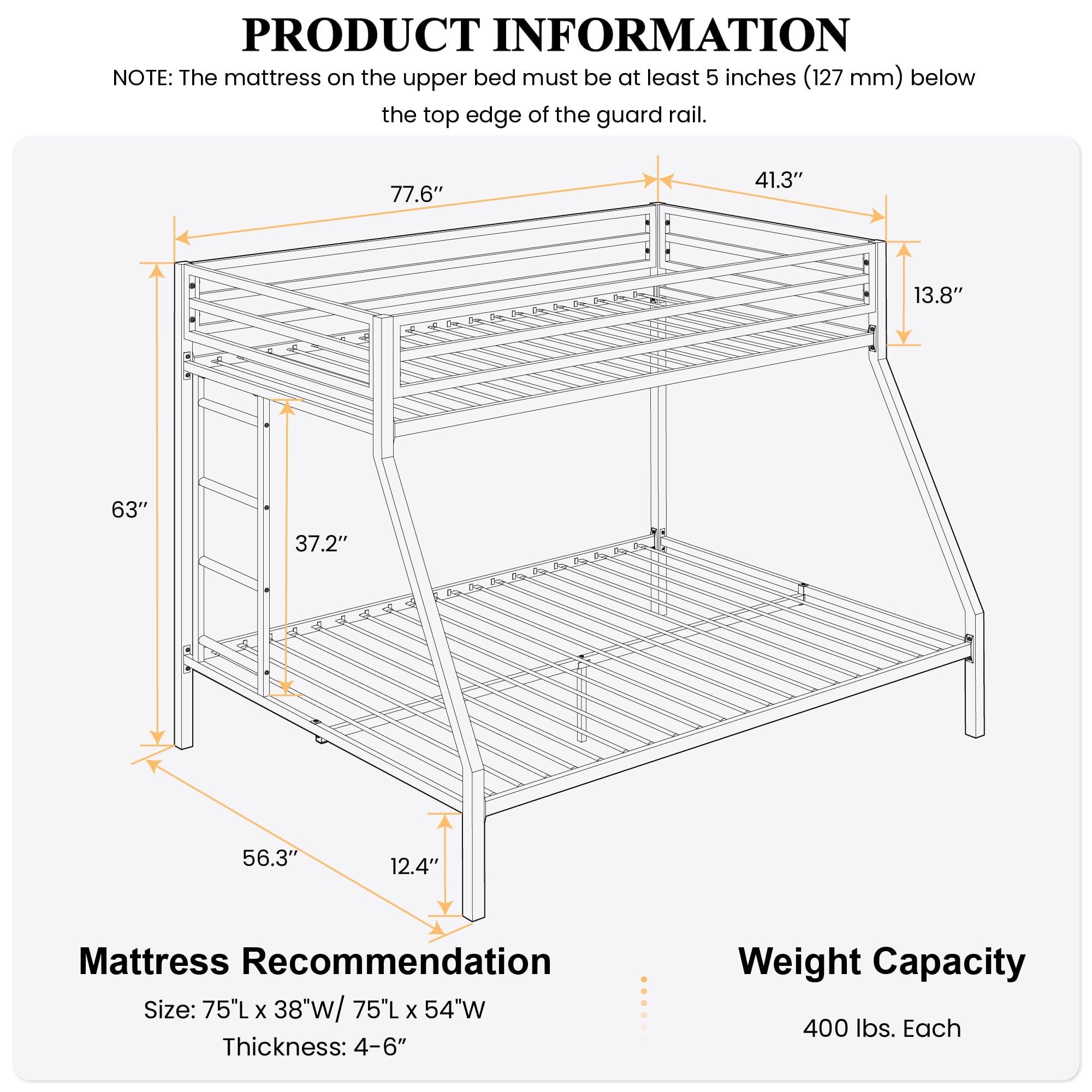 Twin Over Full Metal Bunk Bed with Ladder