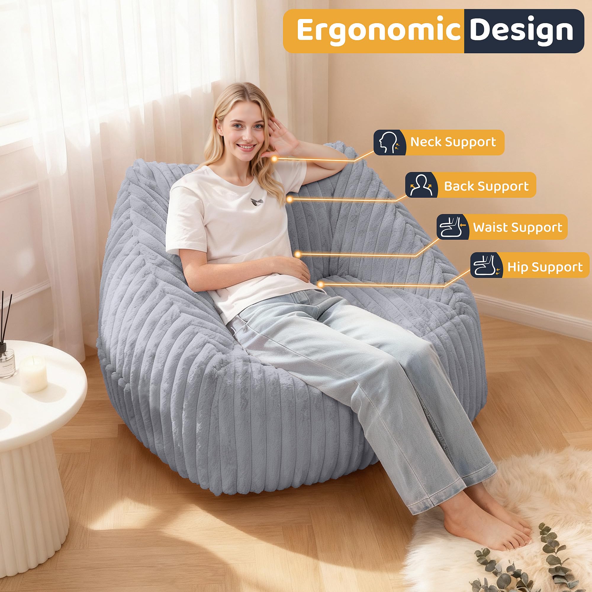 Giant Bean Bag Chair with Armrests - Faux Fur Floor Sofa for Adults and Kids