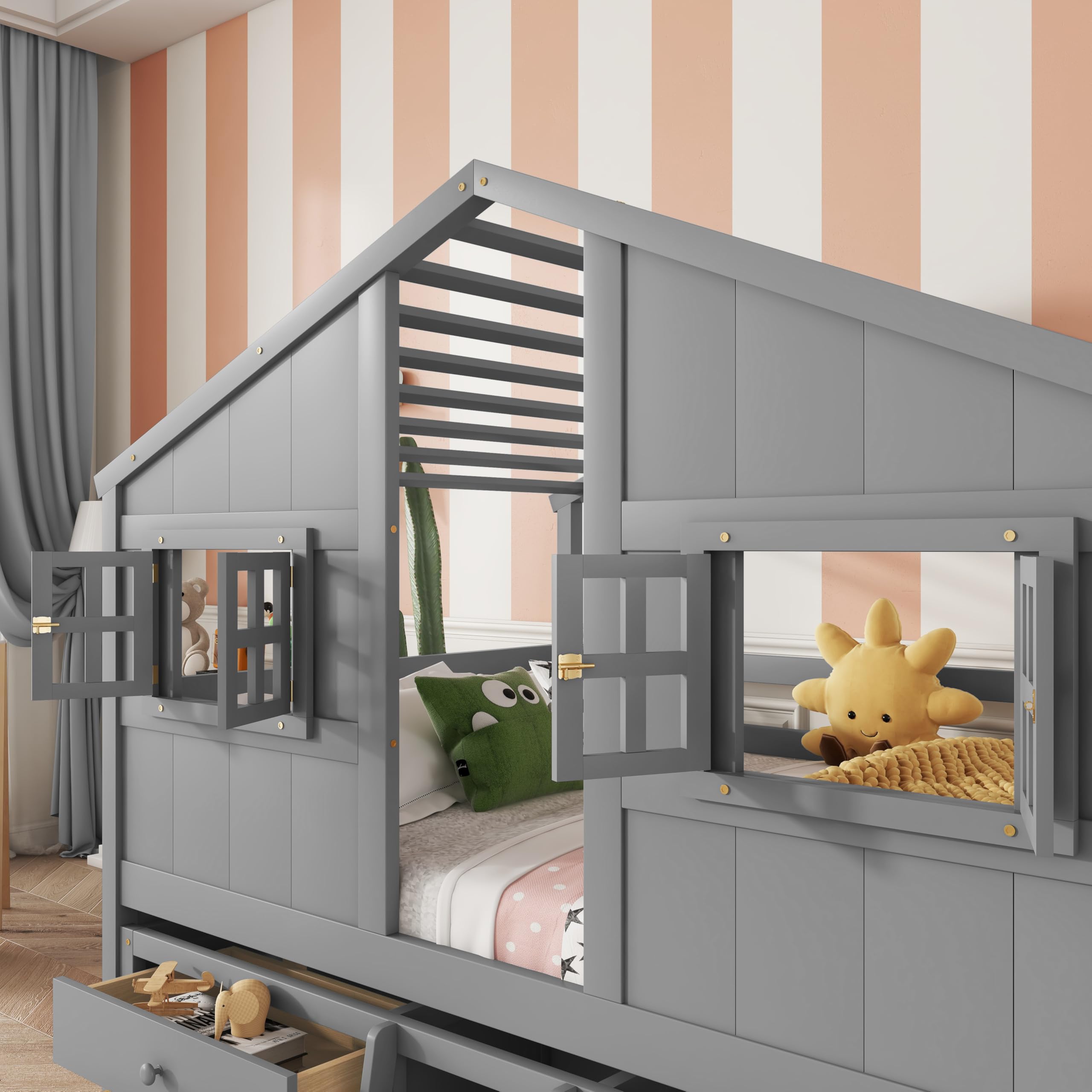 Full Size House-Shaped Loft Bed with Storage Drawers and Roof