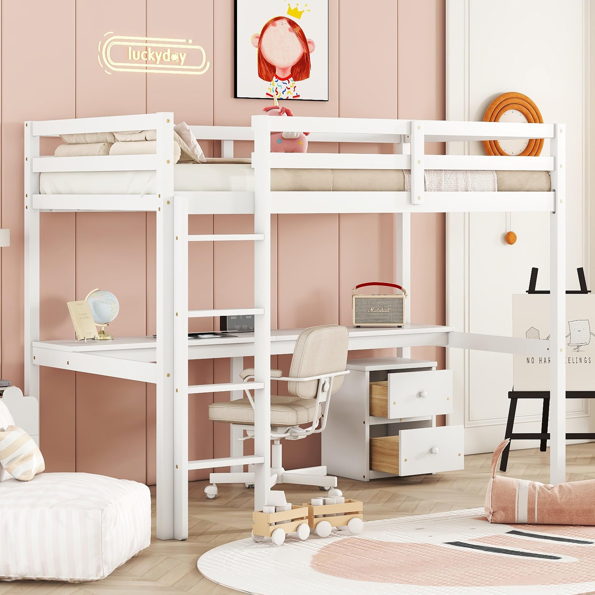 Twin Loft Bed with Desk and Storage Drawers