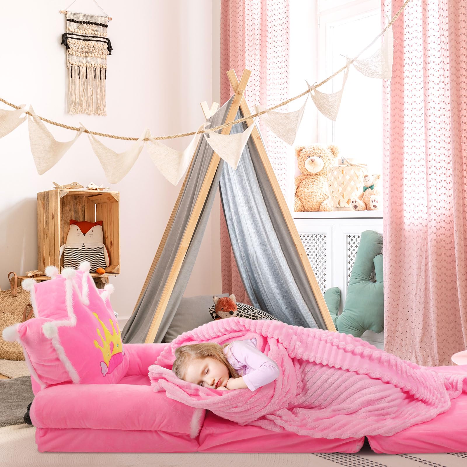 Kids Couch 2 in 1 Toddler Couch Fold Out with Flannel Blanket Set