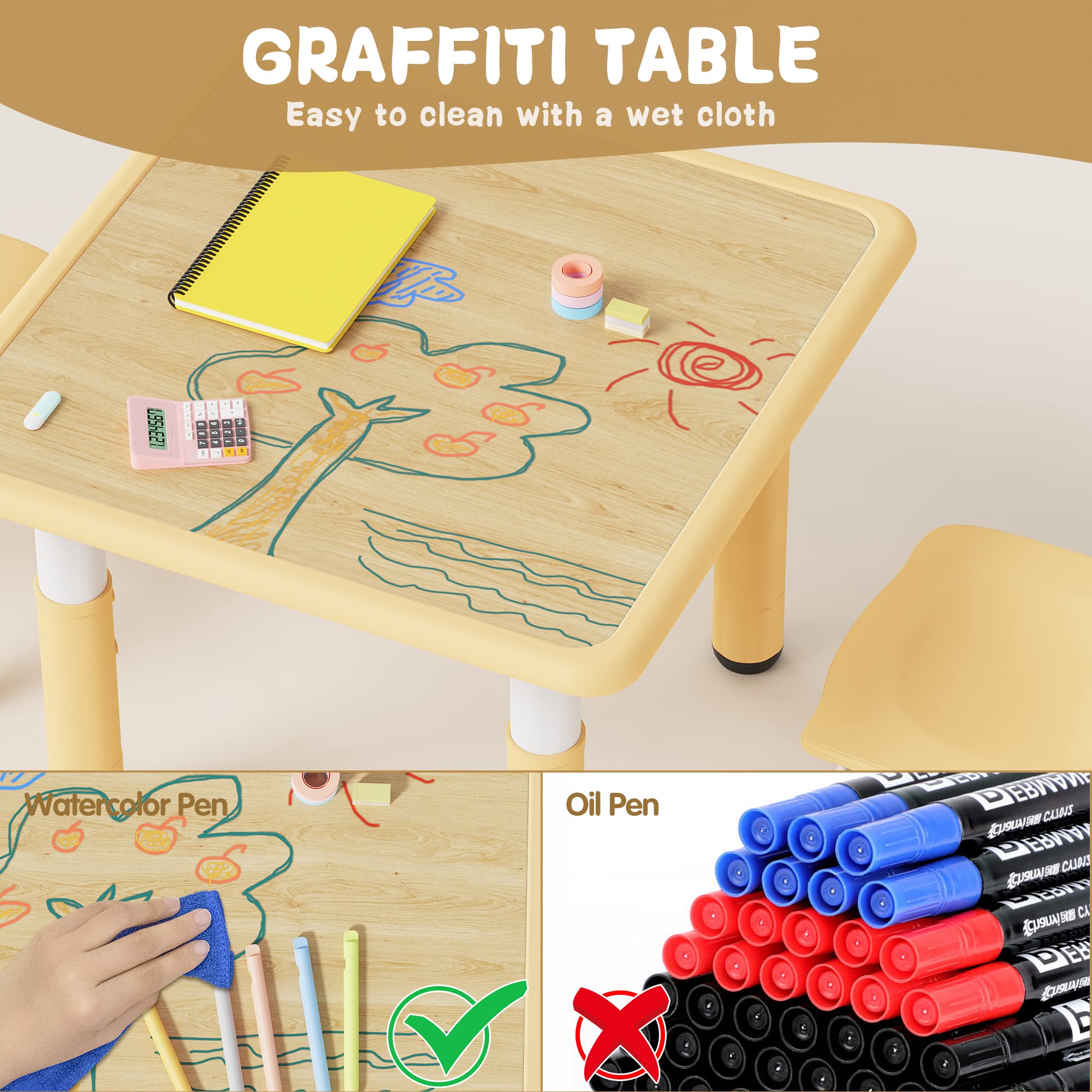 Kids Table and Chairs Set - Height Adjustable with Graffiti Desktop