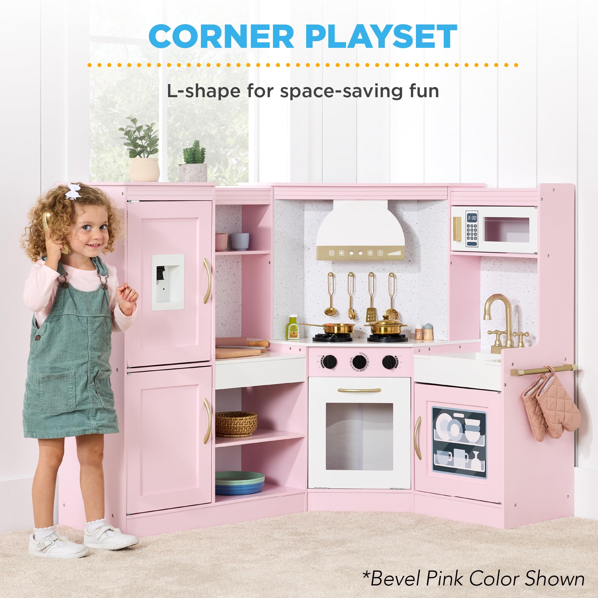 Best Choice Products Pretend Play Corner Kitchen, Ultimate Interactive Wooden Kids Playset w/Lights & Sounds, Ice Maker, Hood - White
