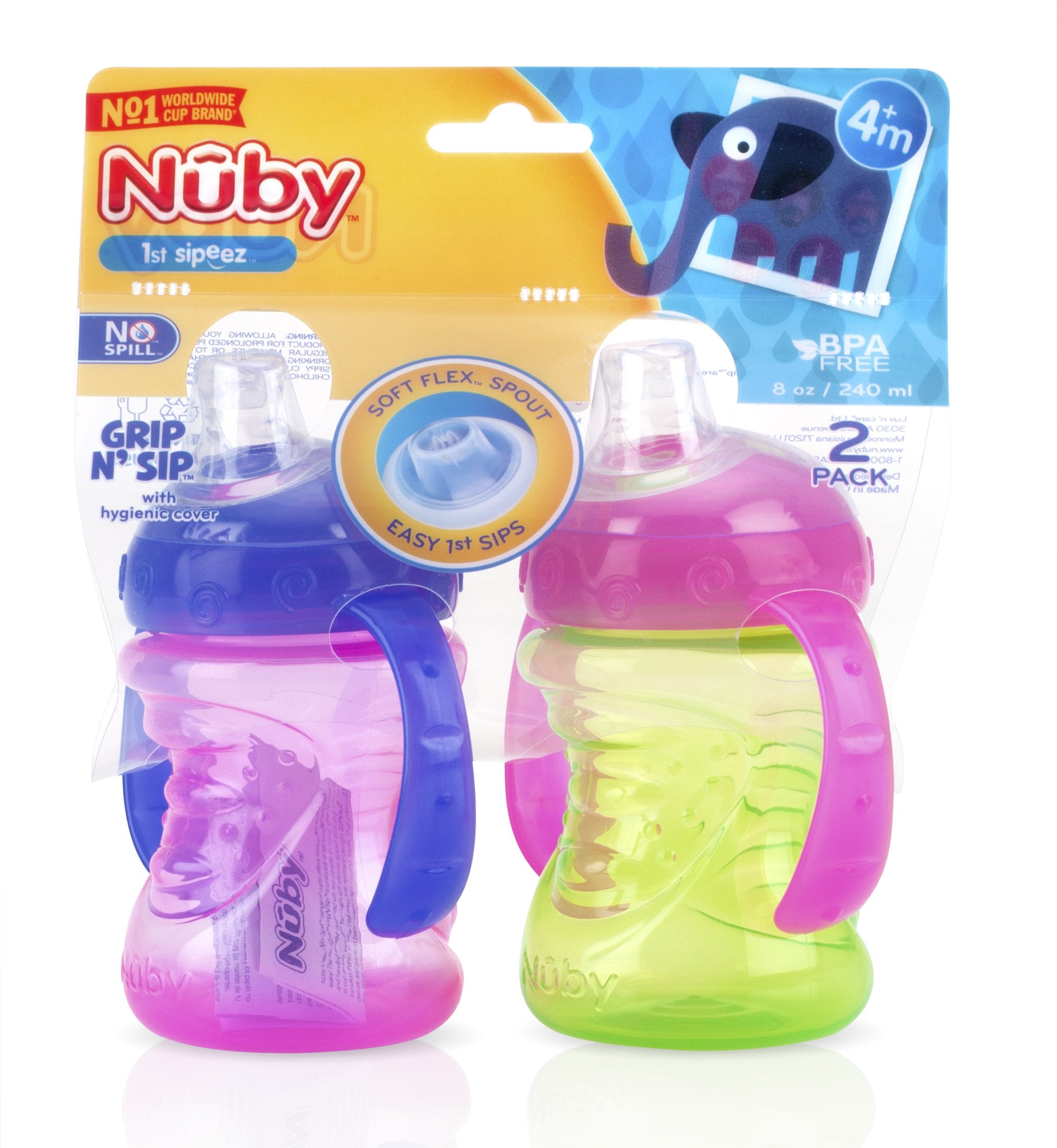 N-Handle No-Spill Super Spout Grip N' Sip Cups, 8 Ounce, Pink and Purple (Pack of 24)