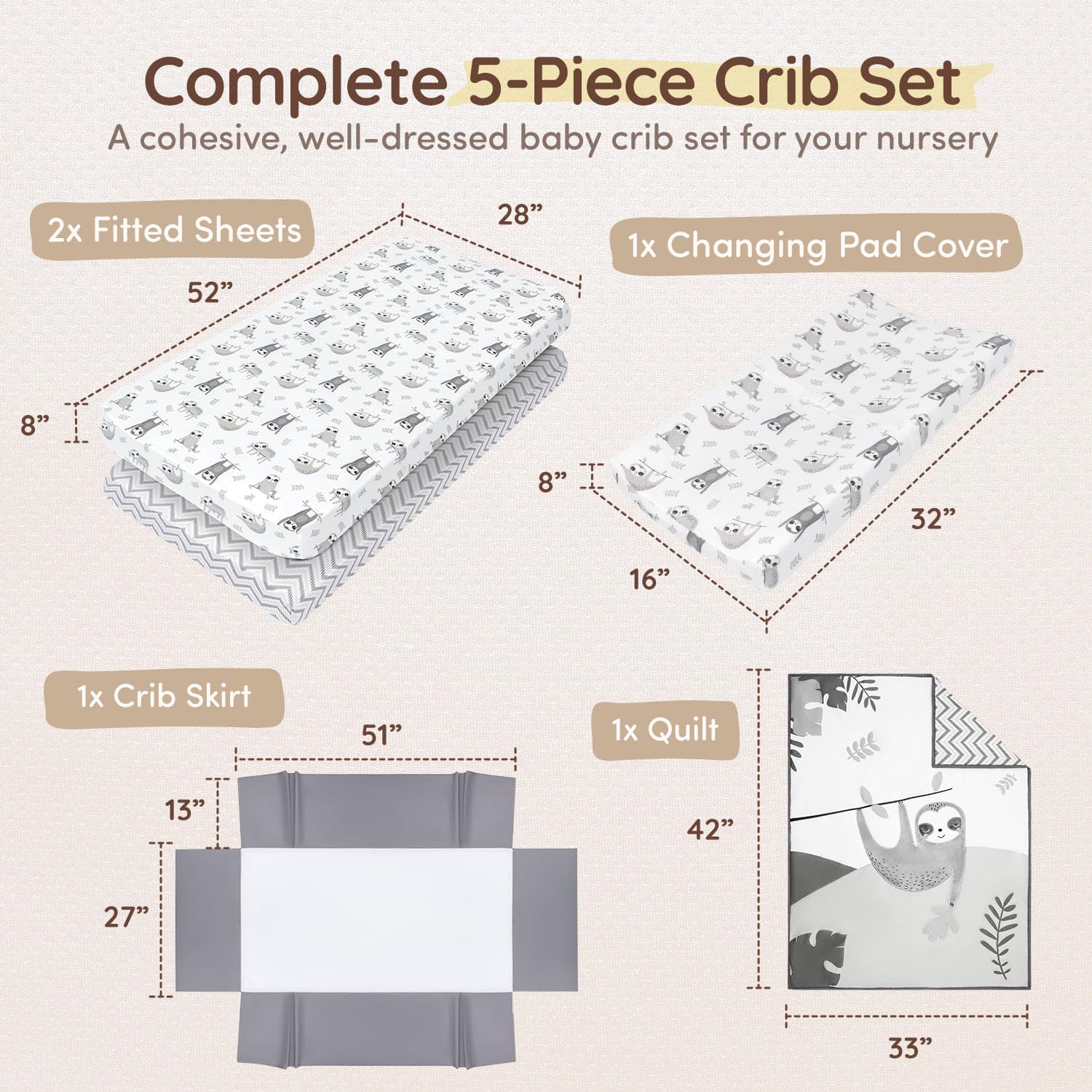 Neutral Baby Crib Bedding Set 5-Piece with Comforter, Fitted Sheets, Skirt & Changing Pad Cover
