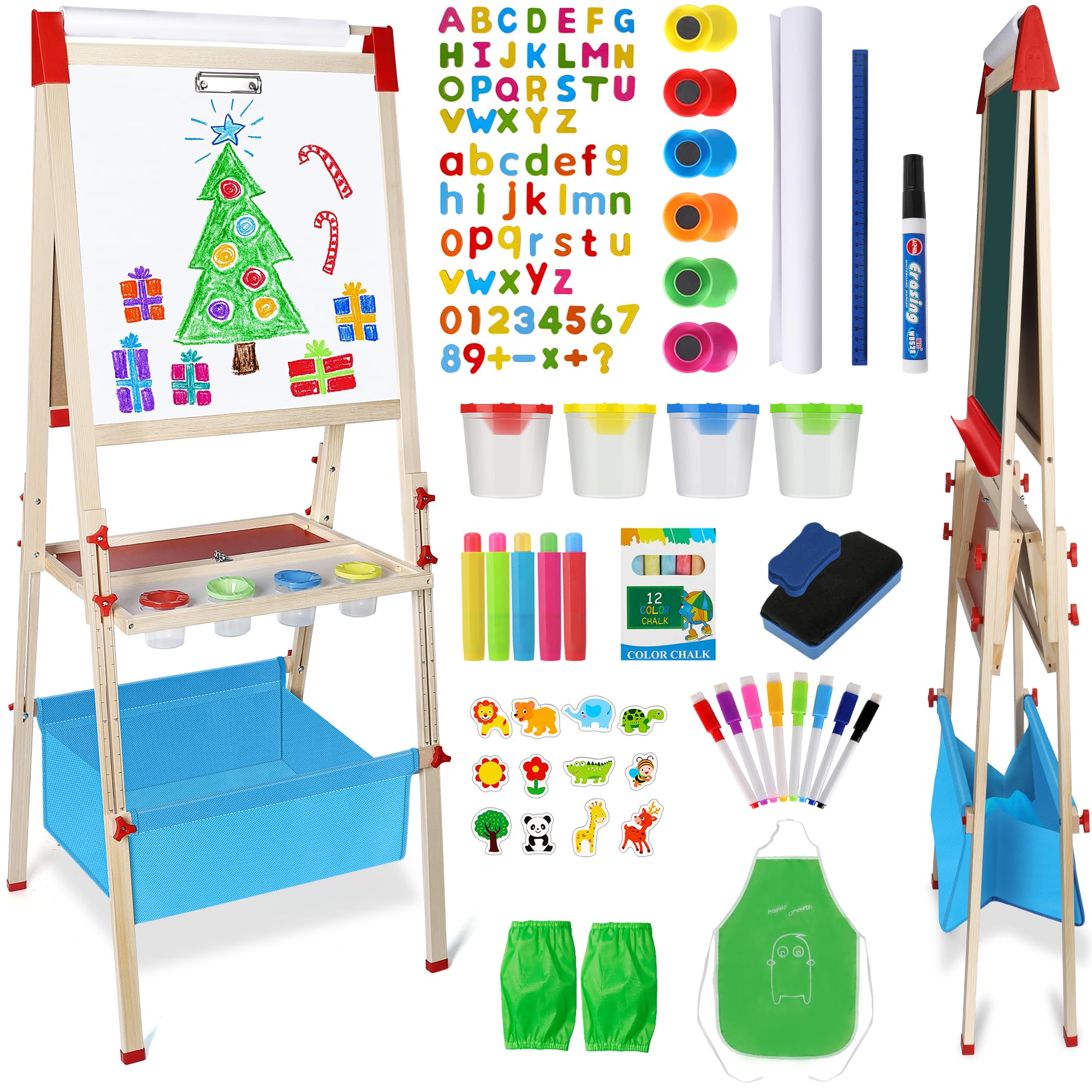 Adjustable Wooden Easel for Kids – Foldable Art Easel with Paper Roll, Magnetic Double-Sided Whiteboard & Chalkboard, 130+ PCS Accessories, Ideal Gift for Toddlers & Children Ages 2-8