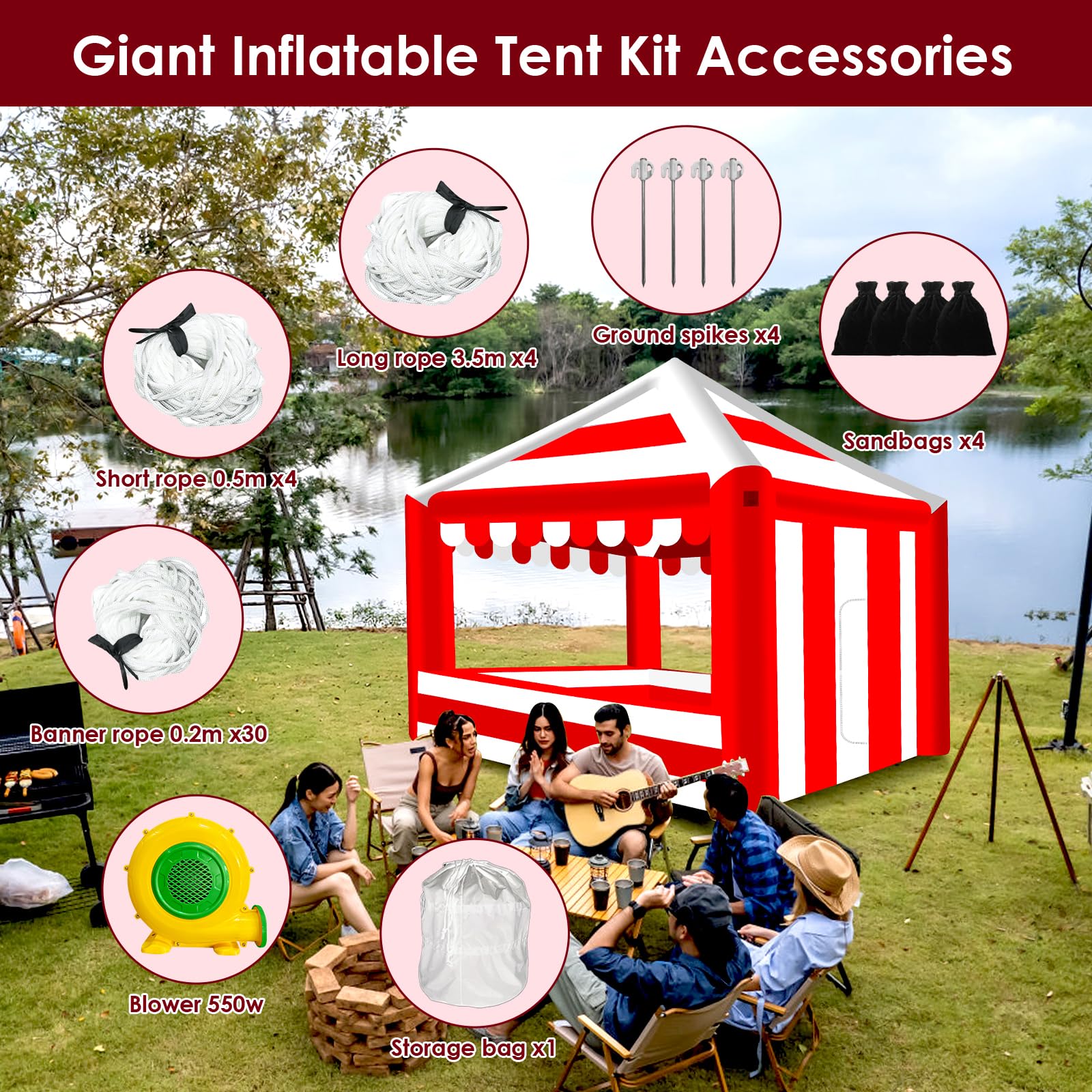 Inflatable Canopy Tent 13x13 with Air Blower - Red White Striped