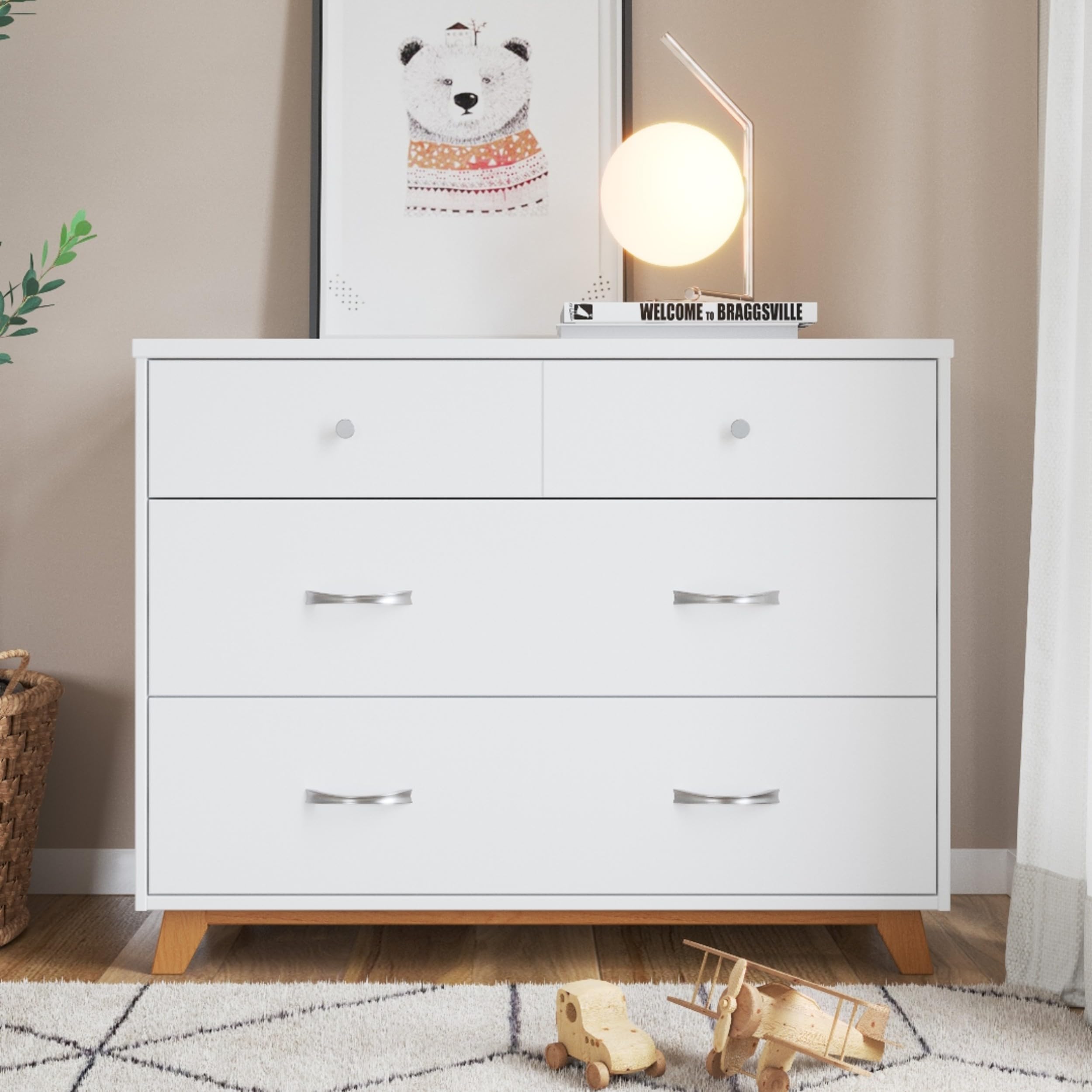 3-Drawer Dresser, Chest, Nightstand, 4-Piece Nursery Set (White/Natural)