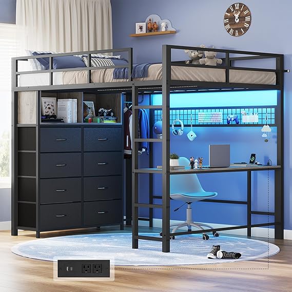 Twin Size Loft Bed with Desk and 8 Storage Drawers
