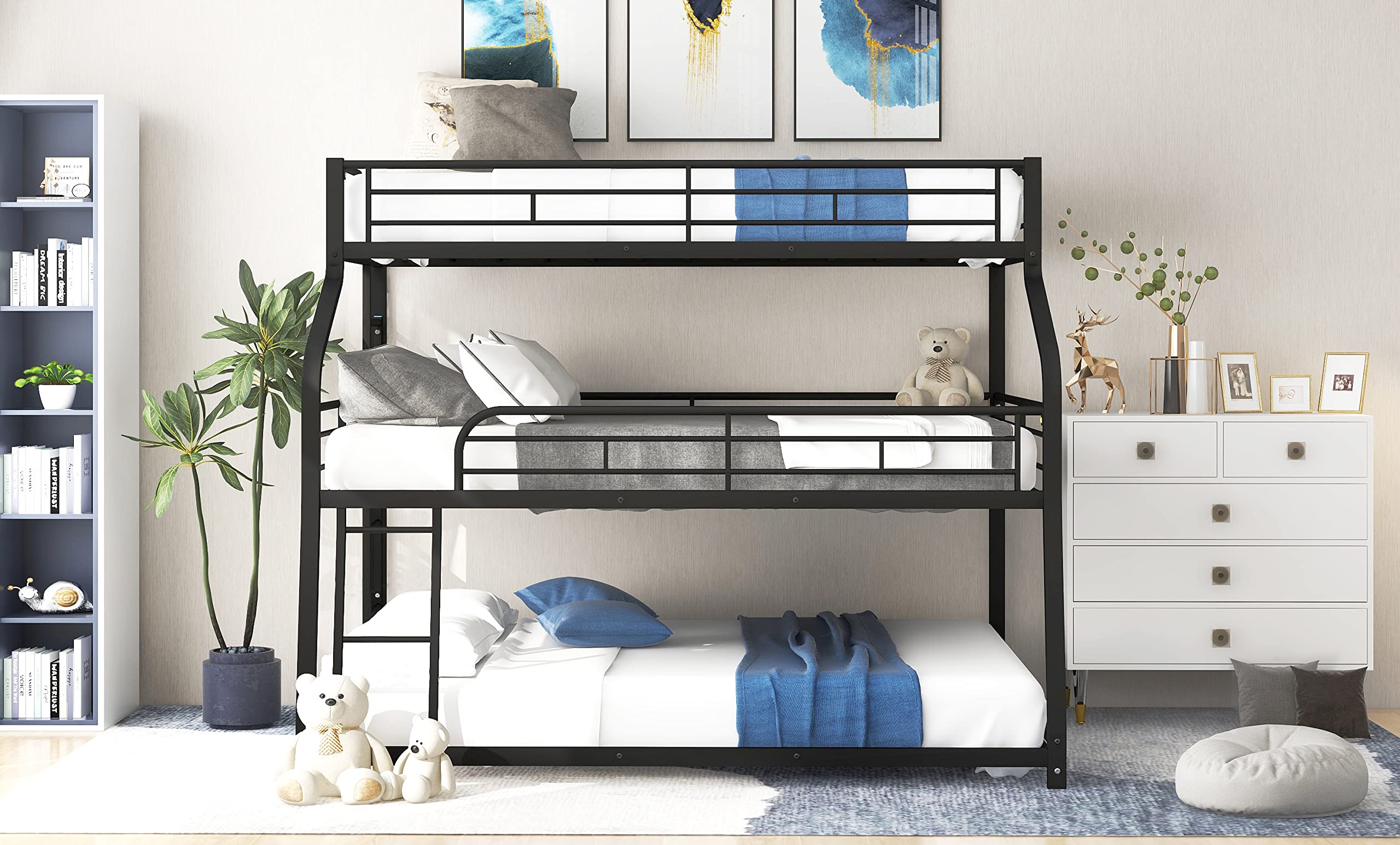 Metal Triple Bunk Bed with Guardrails and Ladder Black