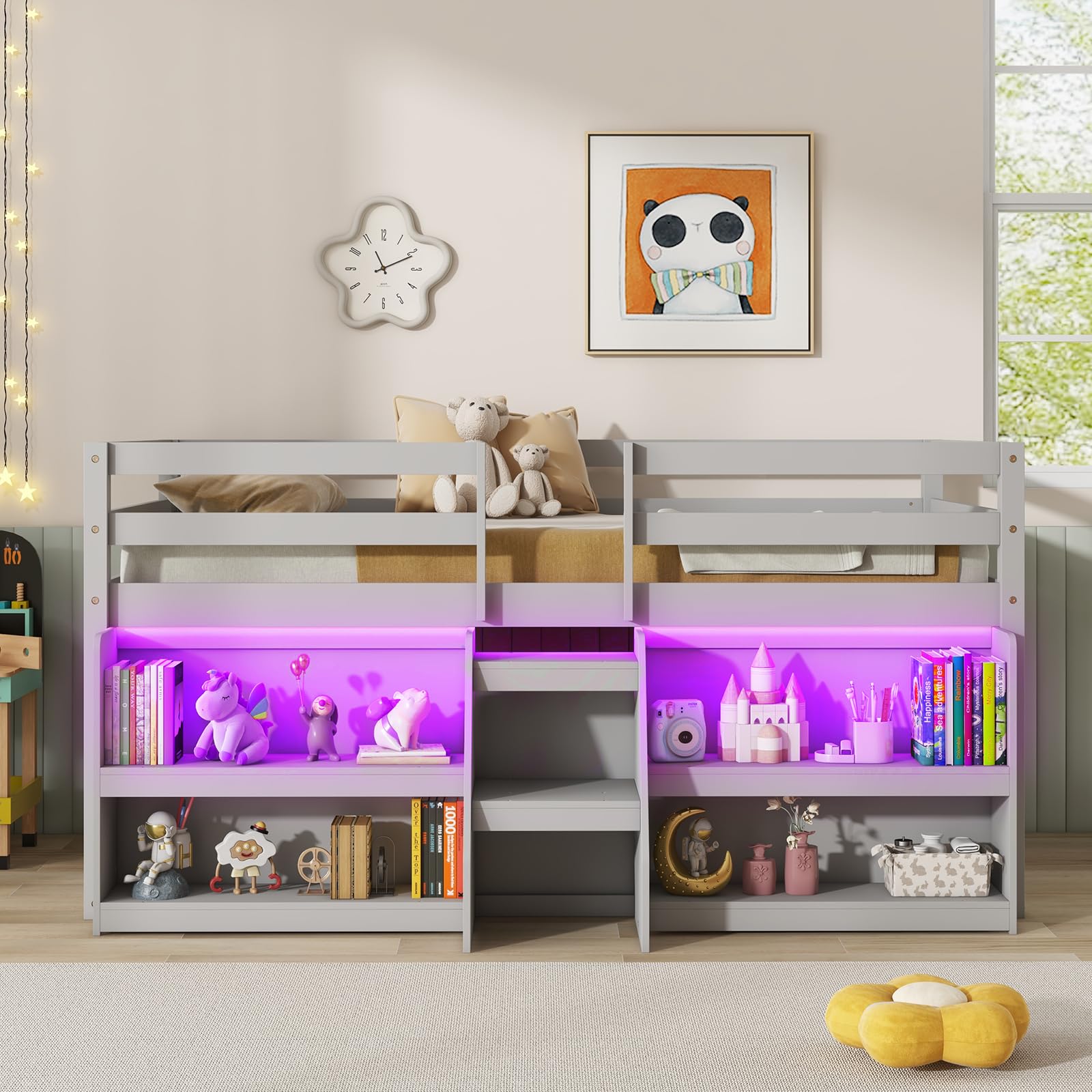 Low Loft Bed with LED Lights, Wooden Loft Bed Twin Size with Stairs & Safety Guardrail