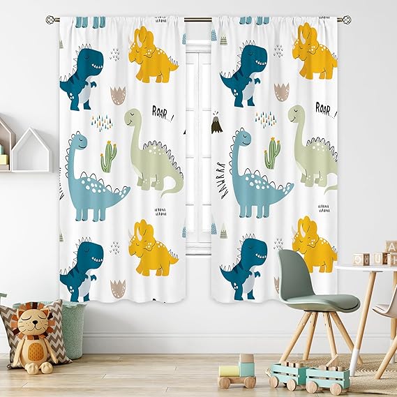 Kids Dinosaur Curtains 42Wx63L Inch Rod Pocket Cartoon Dino Baby