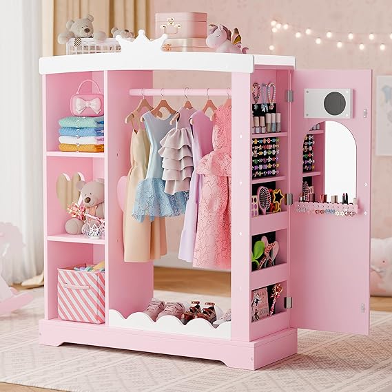 Kids Armoire with Jewelry Cabinet, Dress up Storage with Mirror