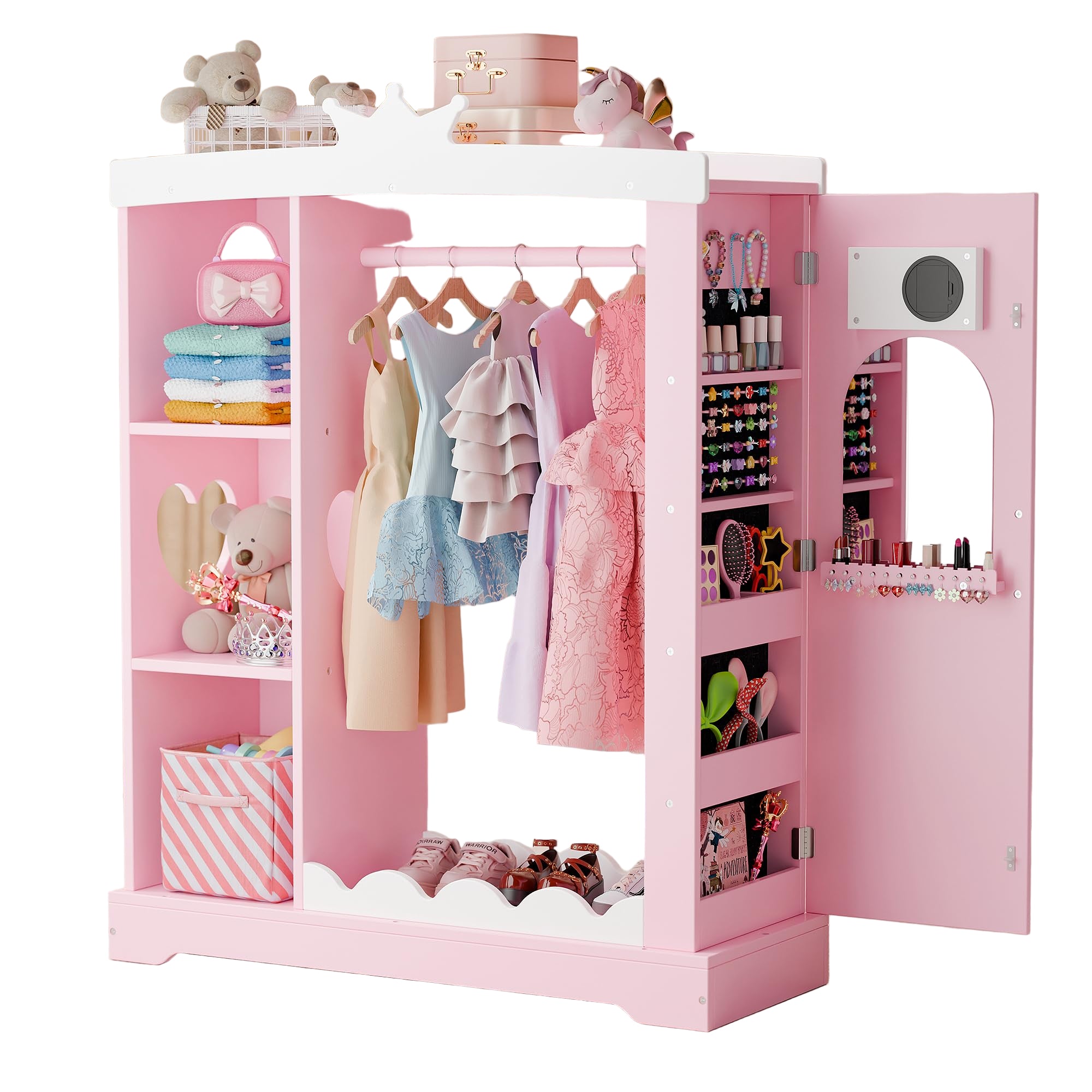 Kids Armoire with Jewelry Cabinet, Dress up Storage with Mirror