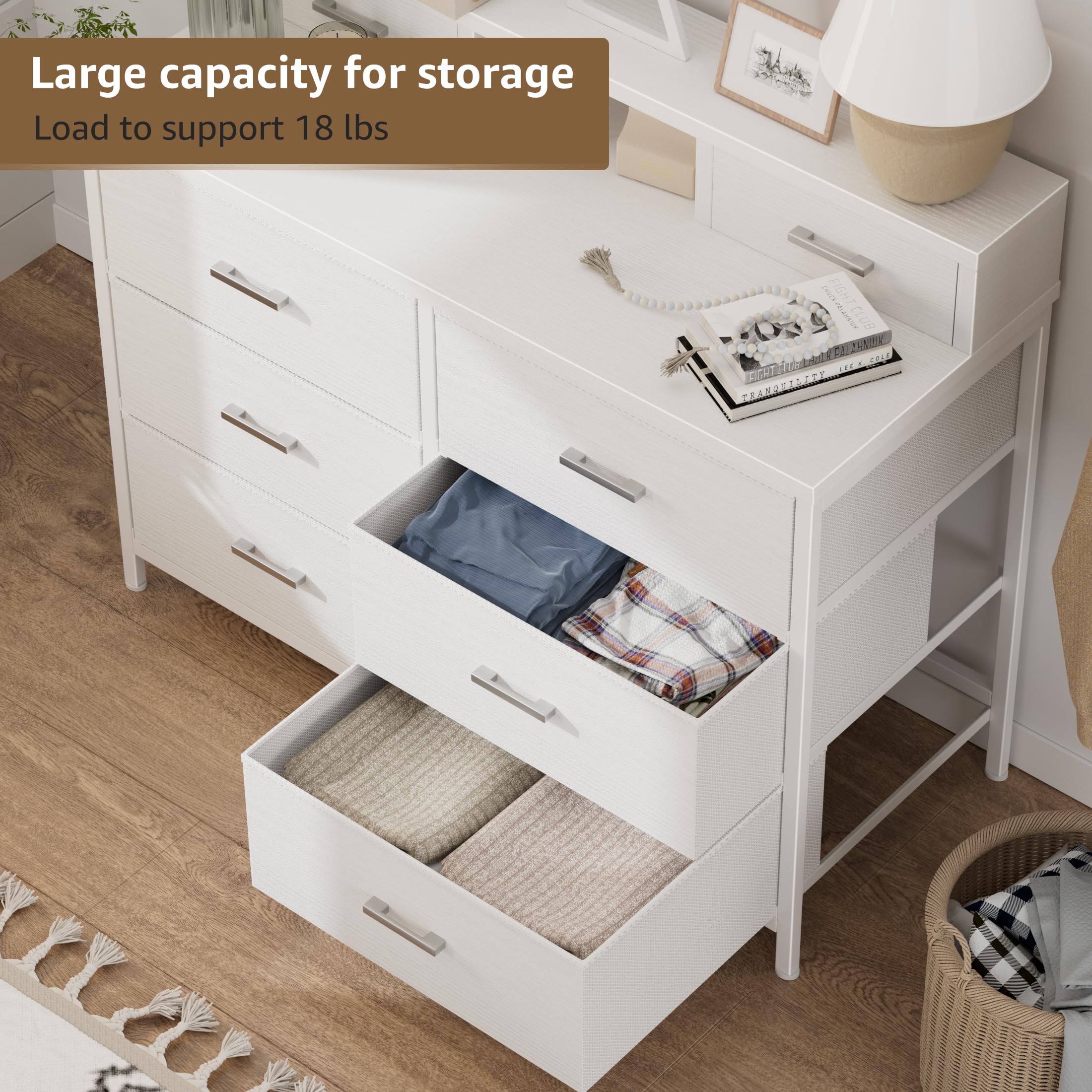 6 Drawer Fabric Dresser with Lighted Mirror and Charging Station