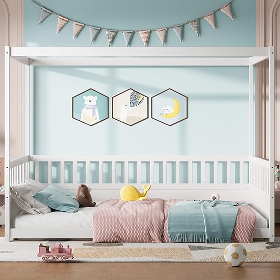 Kids Montessori Twin Size Floor Bed with High Fence, House Bed for Kids, Wooden, Gray