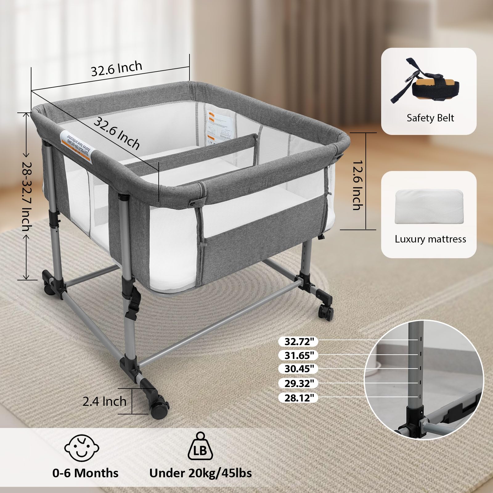 Twin Bassinet for Babies with Wheels and Adjustable Height