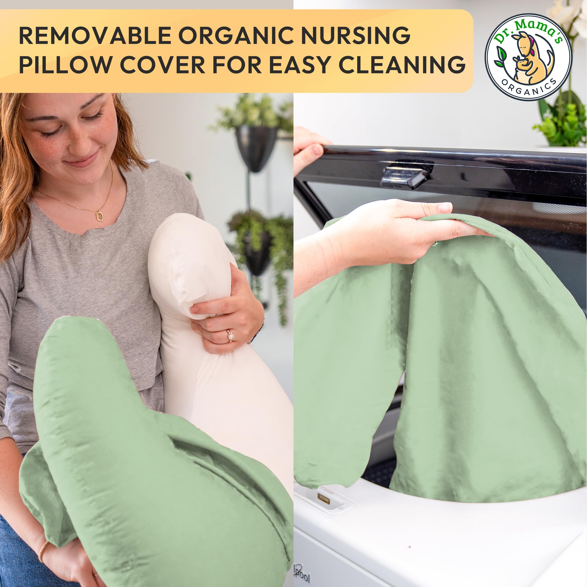 Dr. Mama's Organics Nursing Pillow with Lumbar Support - Ergonomic Design Helps Relieve Back Pain and Arm Fatigue - for Bottle and Breastfeeding - Removable Organic Cotton Cover -Sage