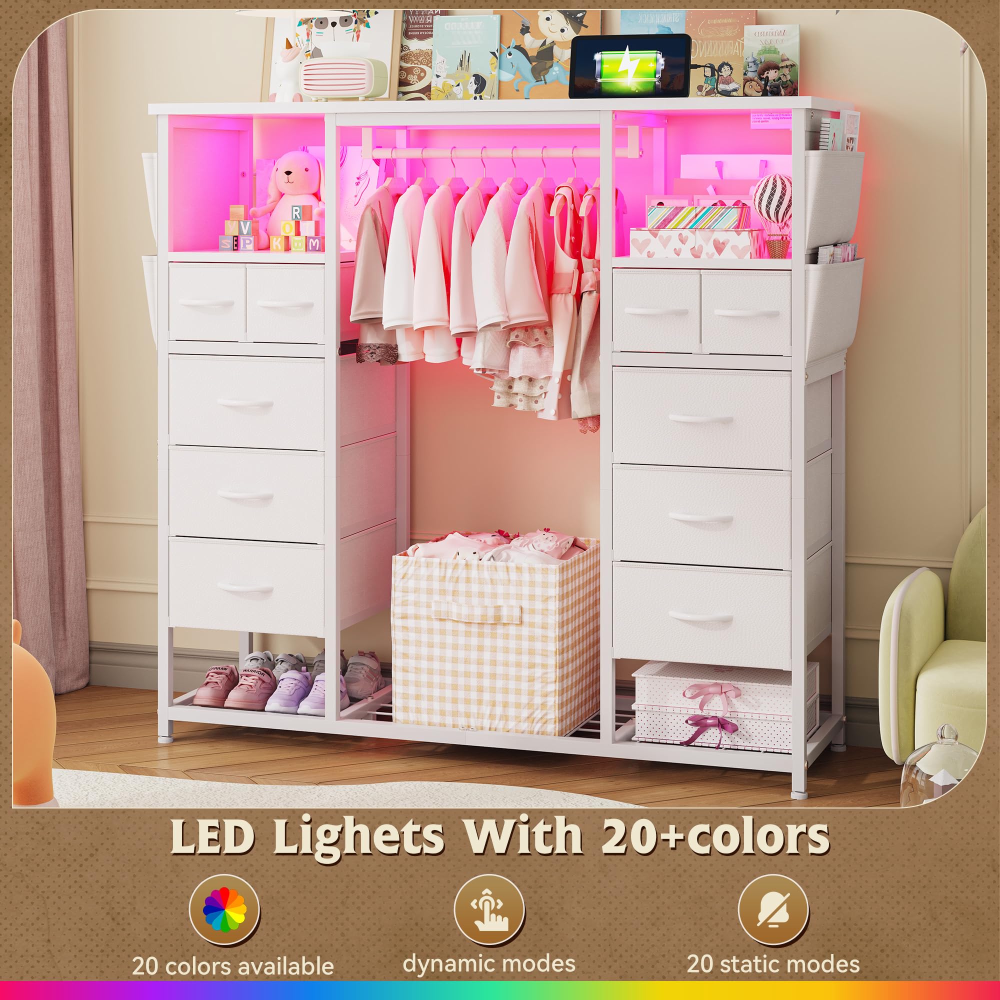 Tall Dresser with LED Lights and Charging Station