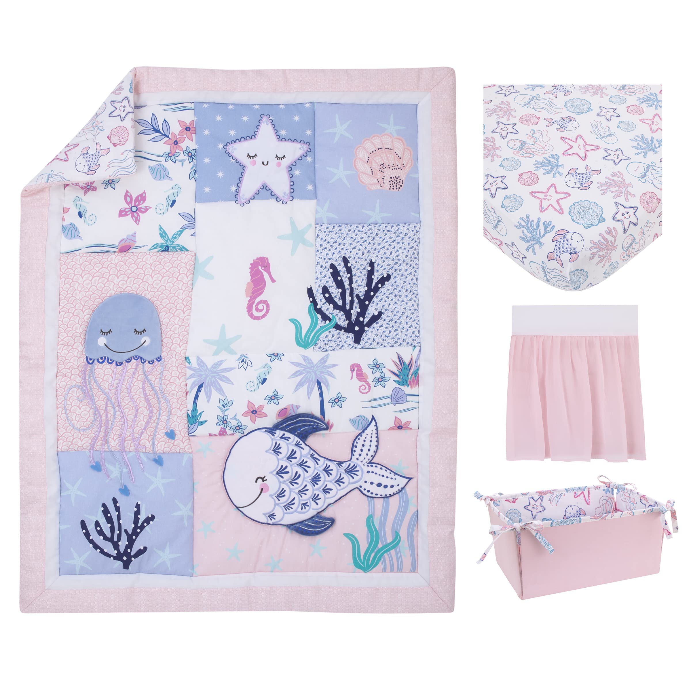 Mermaid Lagoon Pink, Blue and White Undersea Friends 4 Piece Nursery