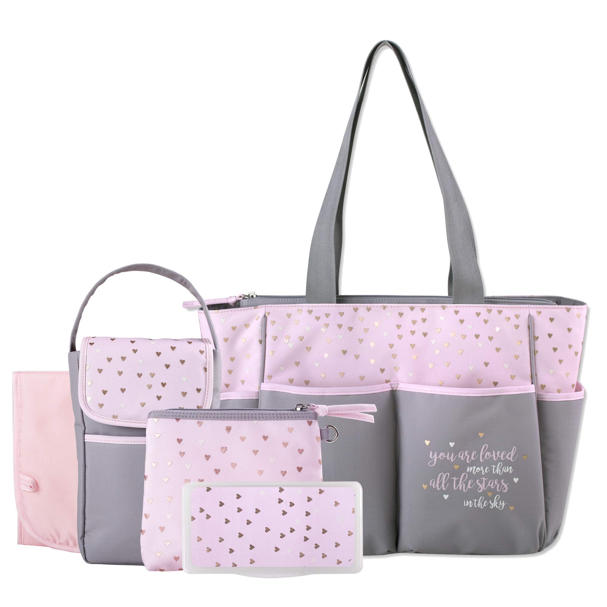 Diaper Bag Tote 5 Piece Set with Sun, Moon, and Stars, Wipes Pocket
