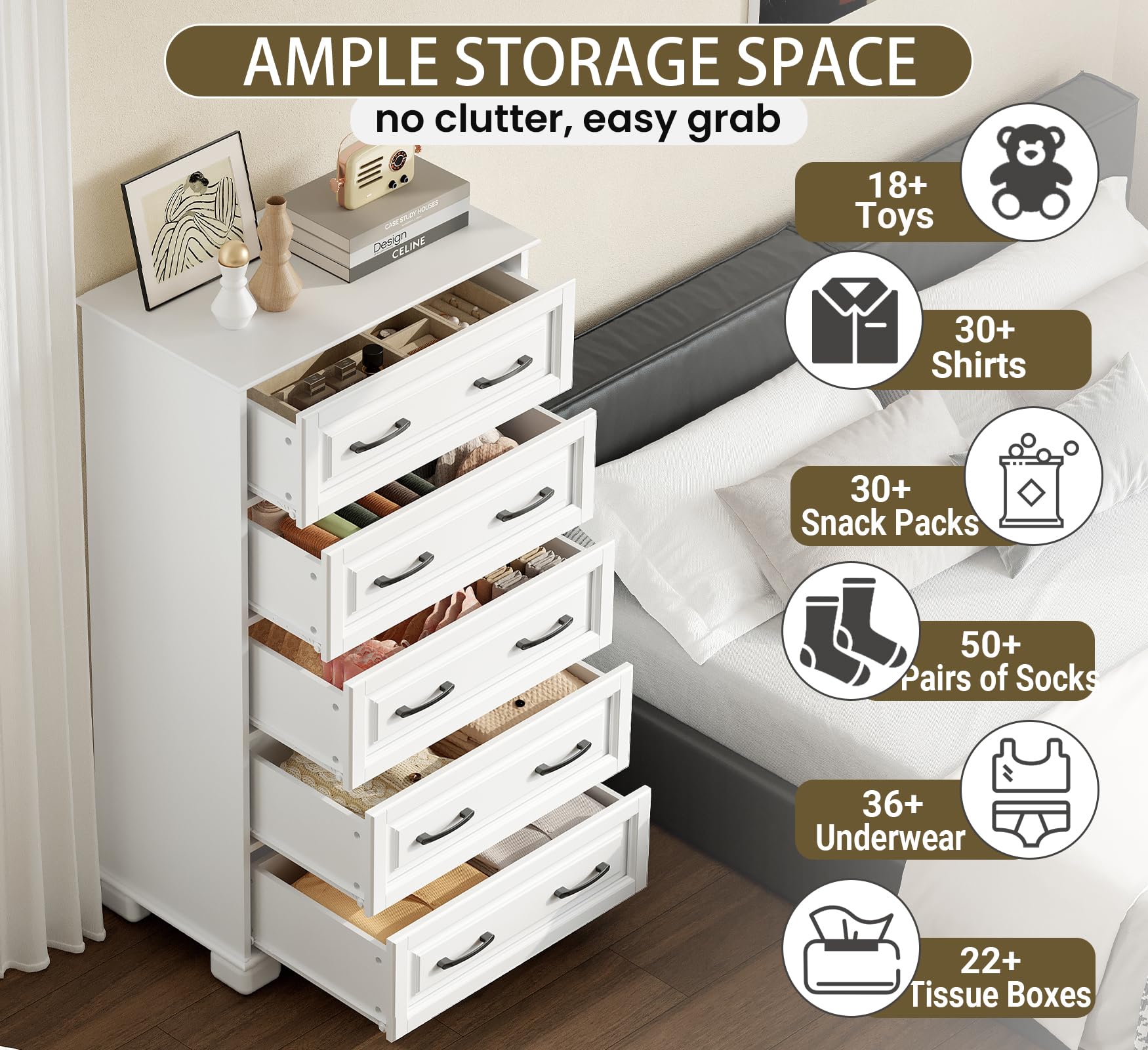 5 Drawer Wooden Dresser for Bedroom Storage