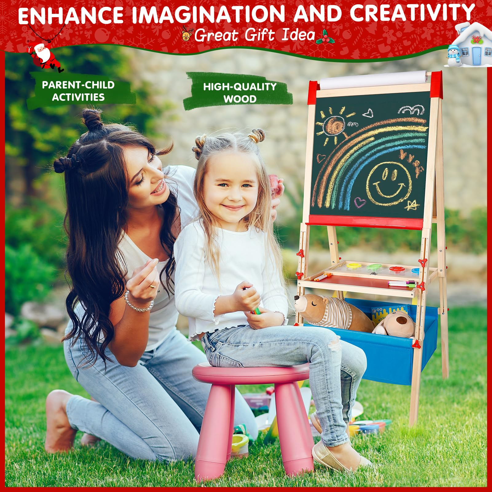 Adjustable Wooden Easel for Kids – Foldable Art Easel with Paper Roll, Magnetic Double-Sided Whiteboard & Chalkboard, 130+ PCS Accessories, Ideal Gift for Toddlers & Children Ages 2-8