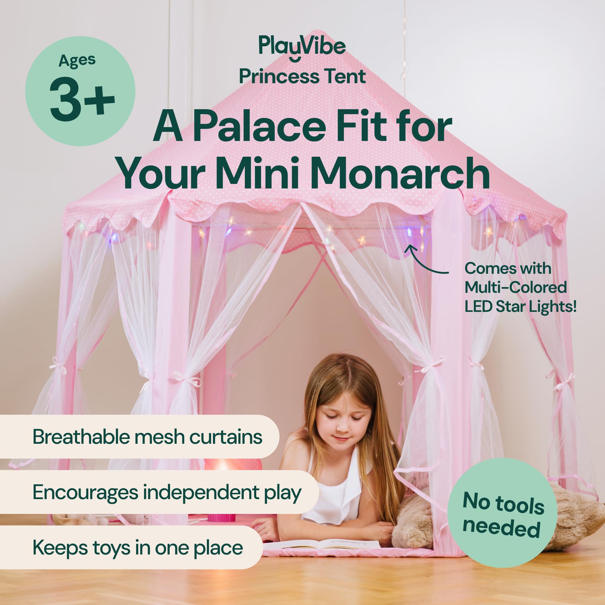 Princess Tent for Kids - 55" X 53" with Led Star Lights - Princess Toys - Toddler Play Tent Without Rug - Playhouse, Castle