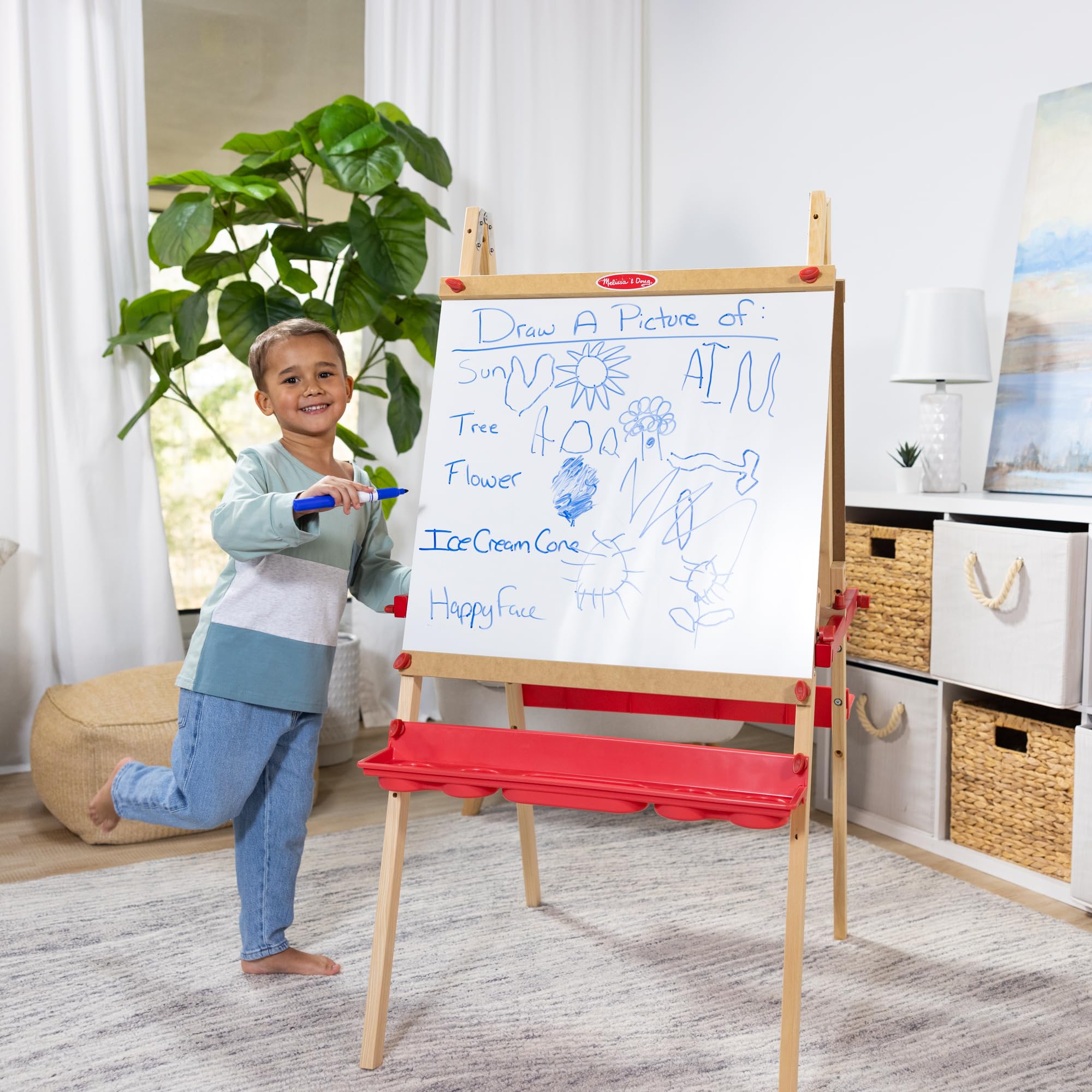 Melissa & Doug Deluxe Magnetic Standing Art Easel with Chalkboard, Dry-Erase Board, and 39 Letter and Number Magnets - FSC Certified