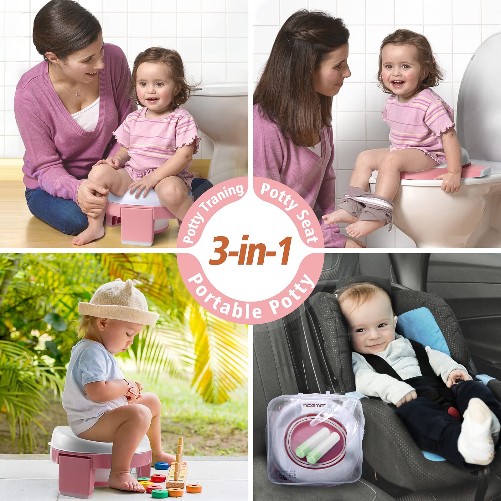 MCGMITT Portable Potty Seat for Kids Travel - Foldable Training Toilet Chair for Toddler Girls with Storage Bags for Outdoor and Indoor Easy to Clean(Pink)