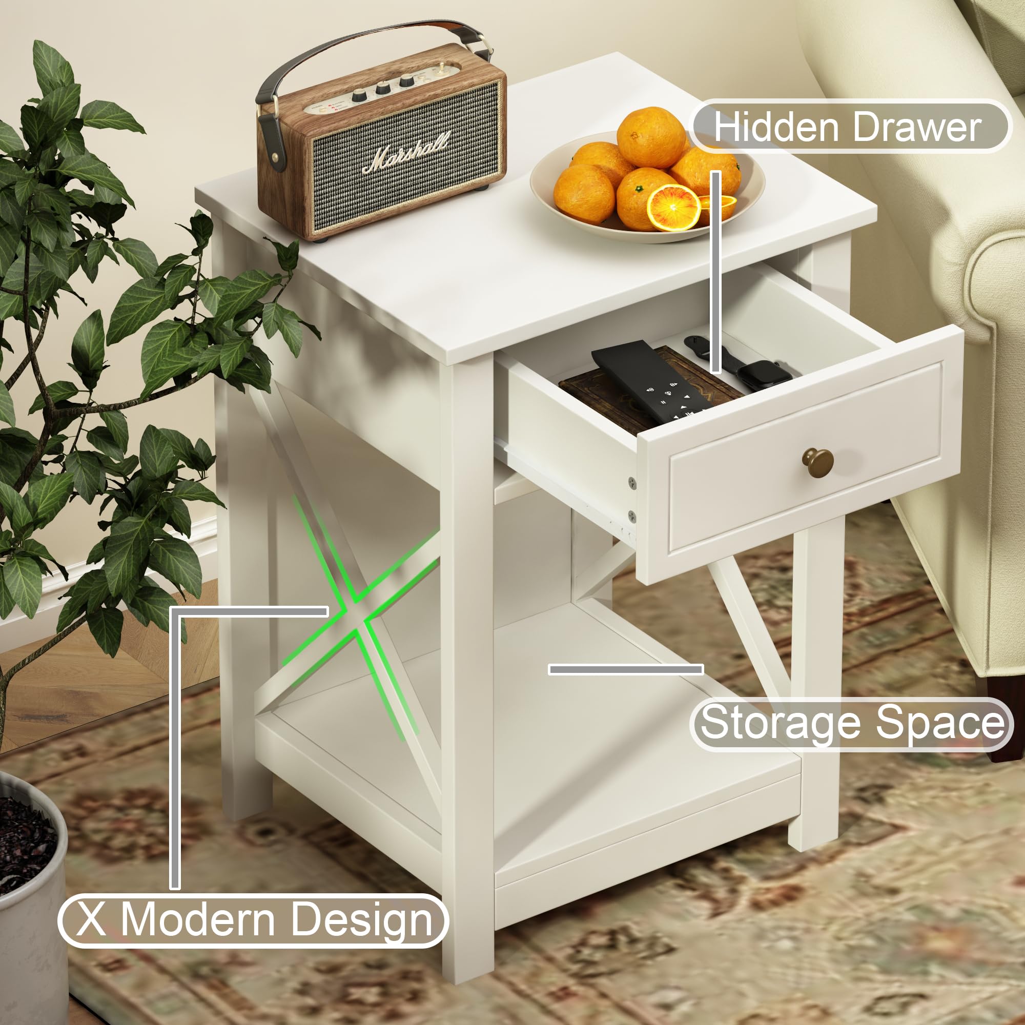 Modern X-Design Nightstand Set of 2 with Drawer and Open Storage