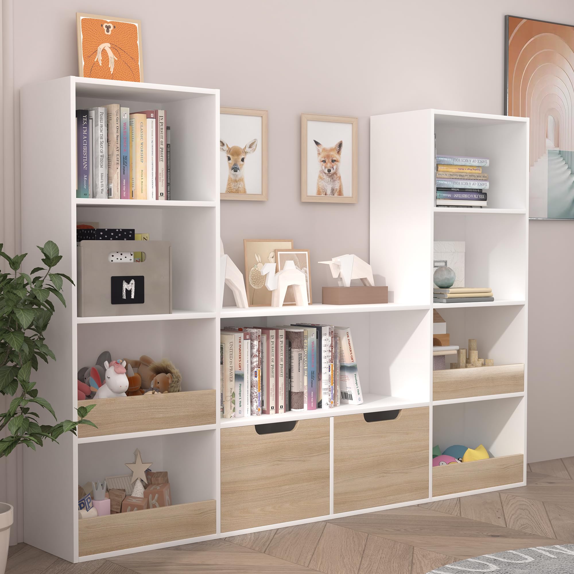 4 Tier Kids Bookshelf and Toy Storage, Castle Bookcase with Drawers, Reading Nook