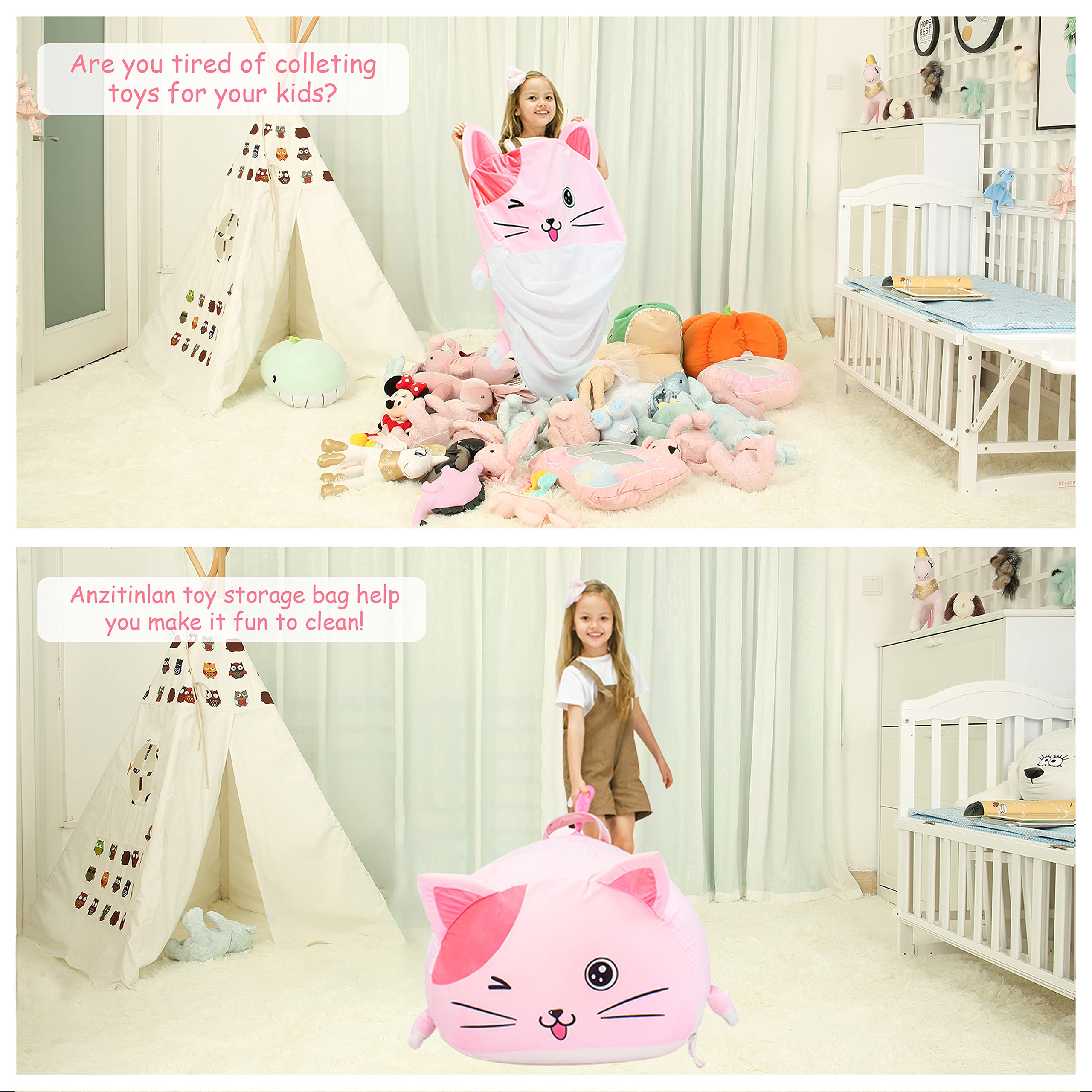 Pink Cat Bean Bag Chair Storage for Kids