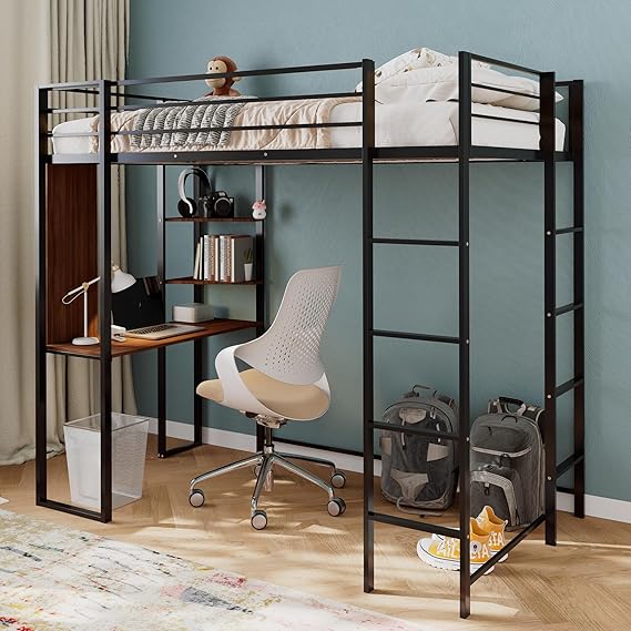 Metal Full Loft Bed with 2 Shelves and one Desk,Full Loft Bed,Easy Assembly