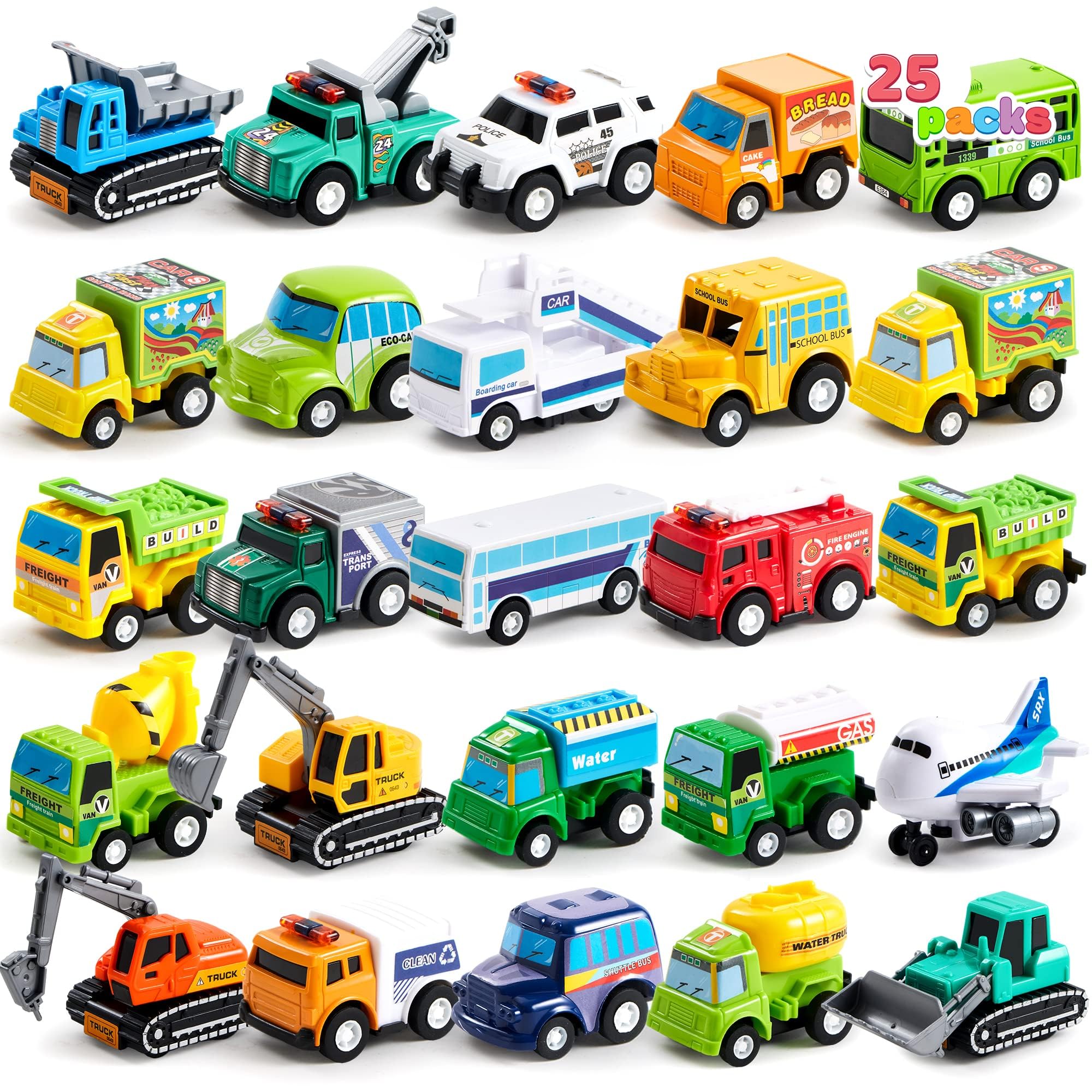 25 Pieces Pull Back Cars and Trucks Toy Vehicles Set for Toddlers, Girls and Boys Kids Play