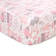 Night Owl Pink Crib Bed Set - Baby Nursery Set - Pink, Grey, White