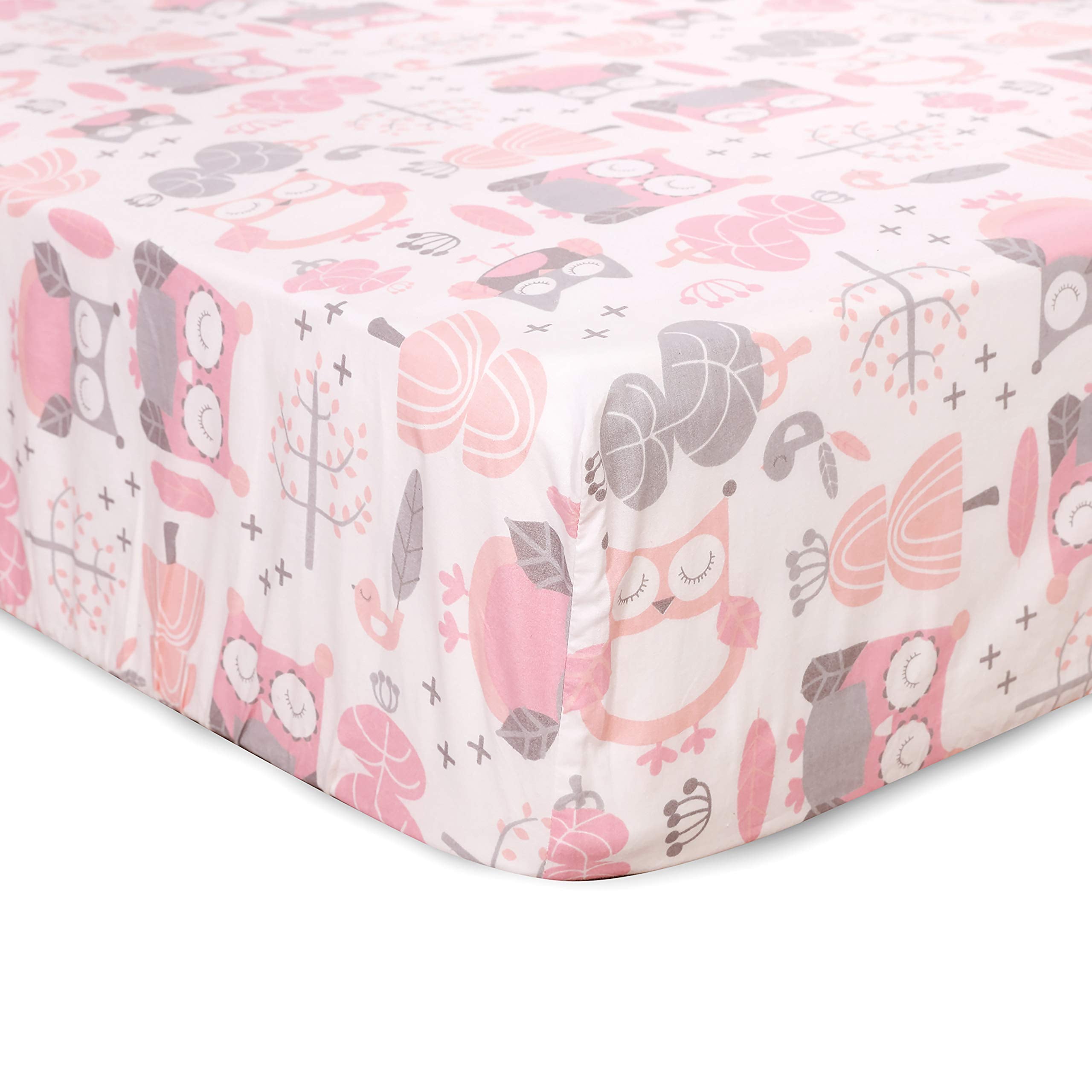 Night Owl Pink Crib Bed Set - Baby Nursery Set - Pink, Grey, White