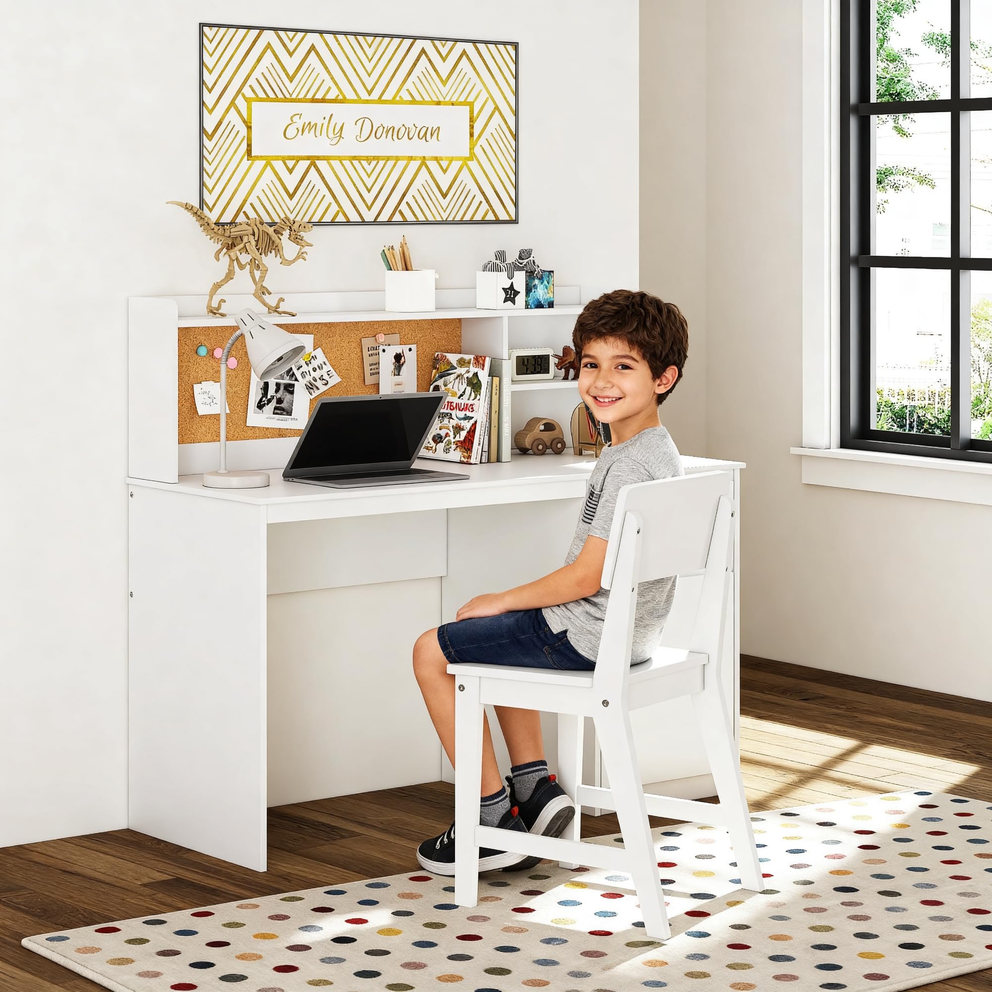 Kids Study Desk with Chair Set with Hutch and Storage