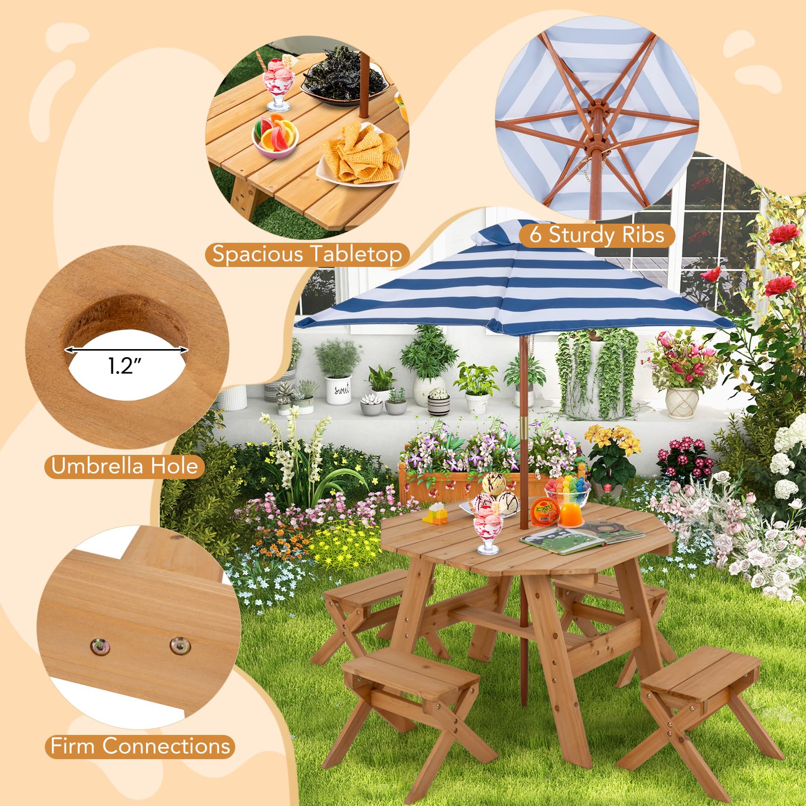 Kids Outdoor Picnic Table Set with Umbrella and 4 Stools