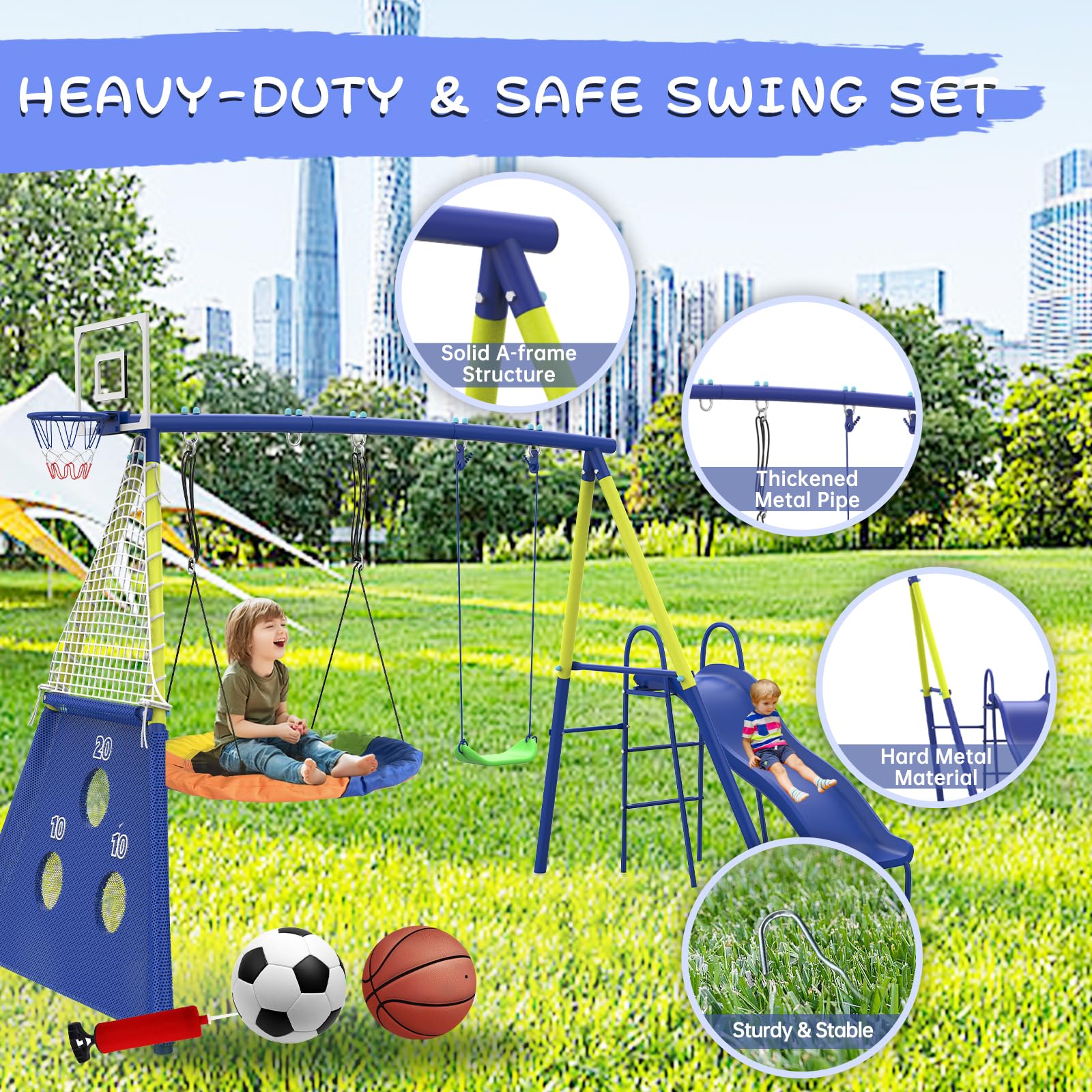 5-in-1 Metal Swing Set with Slide Basketball Hoop Soccer Goal